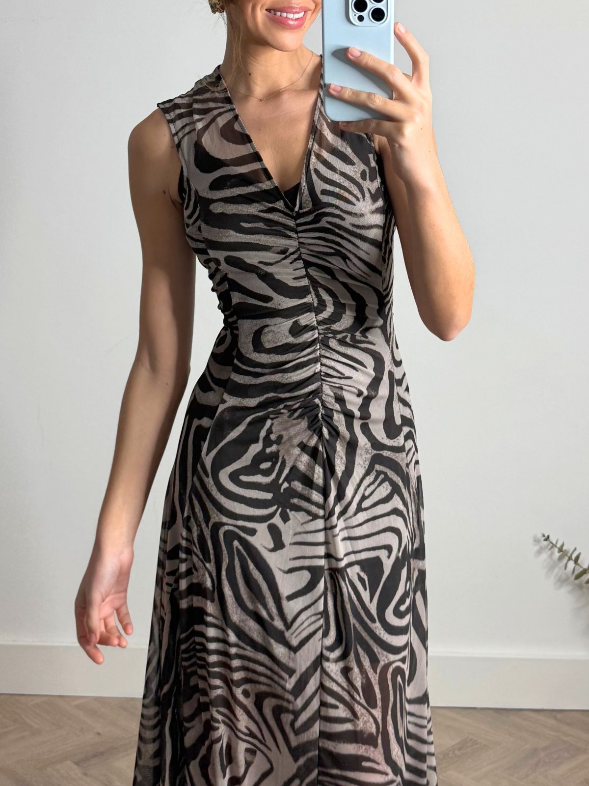 Senna V Neck Ruched Mesh Dress in Zebra