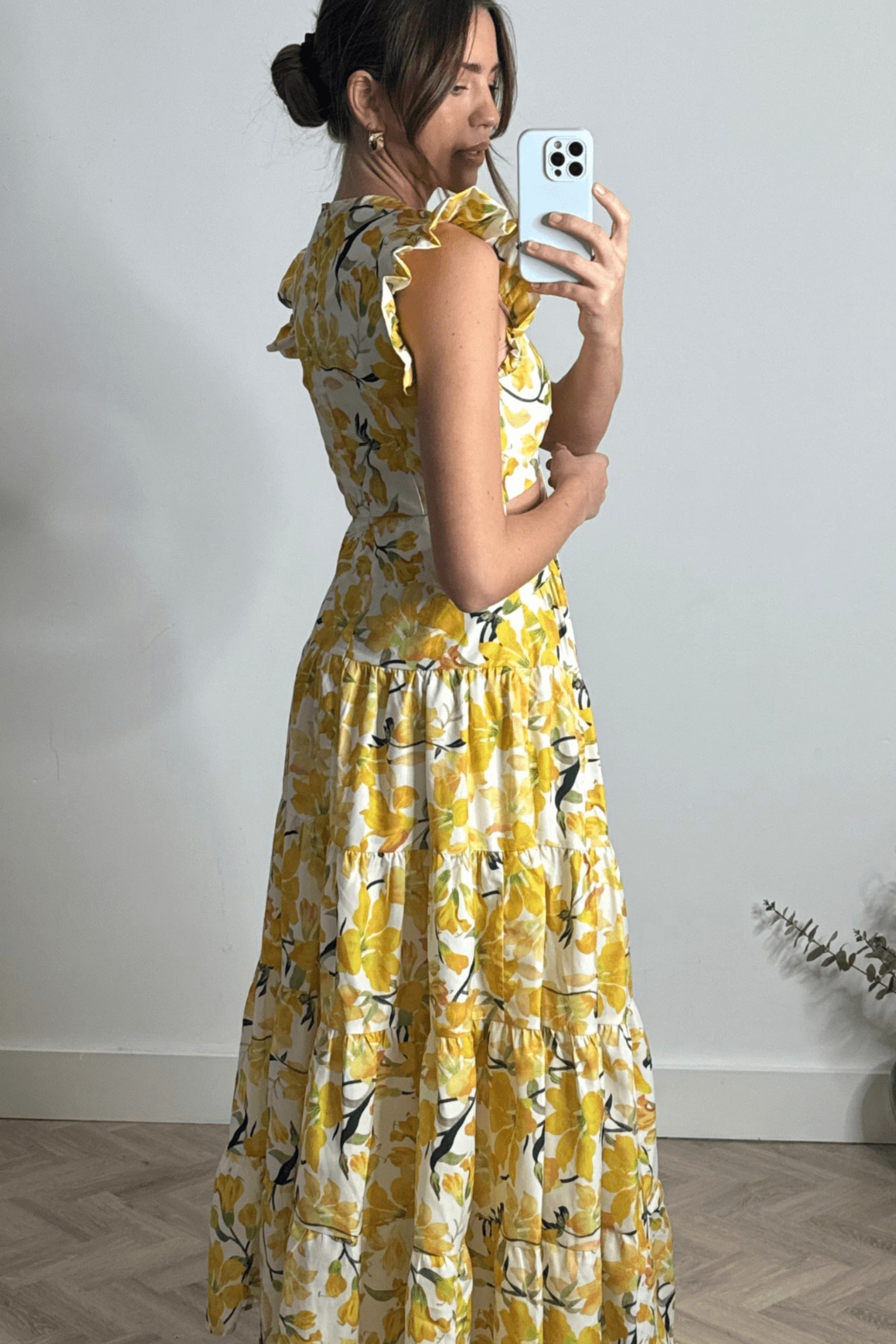 Indie Cut Out Frill Maxi Dress in Lemon Floral - Style Cheat