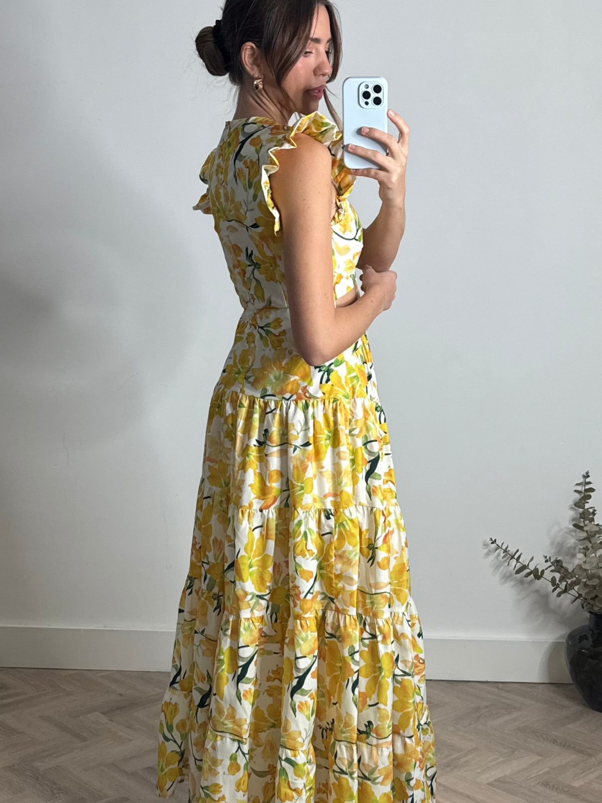 Indie Cut Out Frill Maxi Dress in Lemon Floral