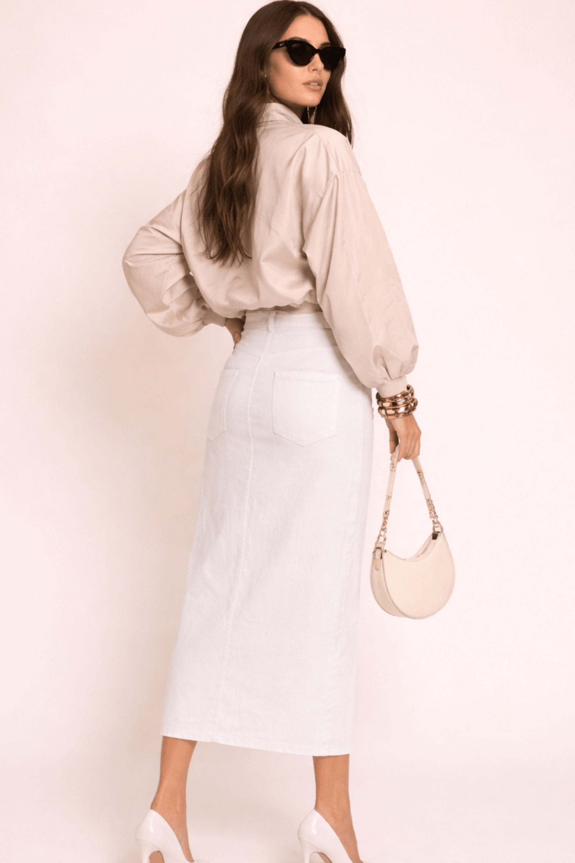 Piper Midi Twill Skirt in White - Style Cheat