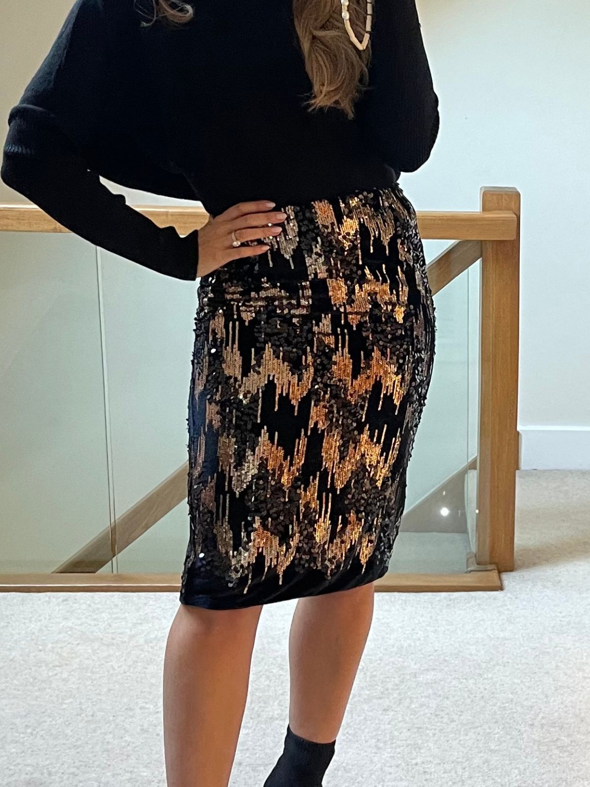 Velvet Sequin Midi Skirt | Phoebe Skirt in Black & Gold