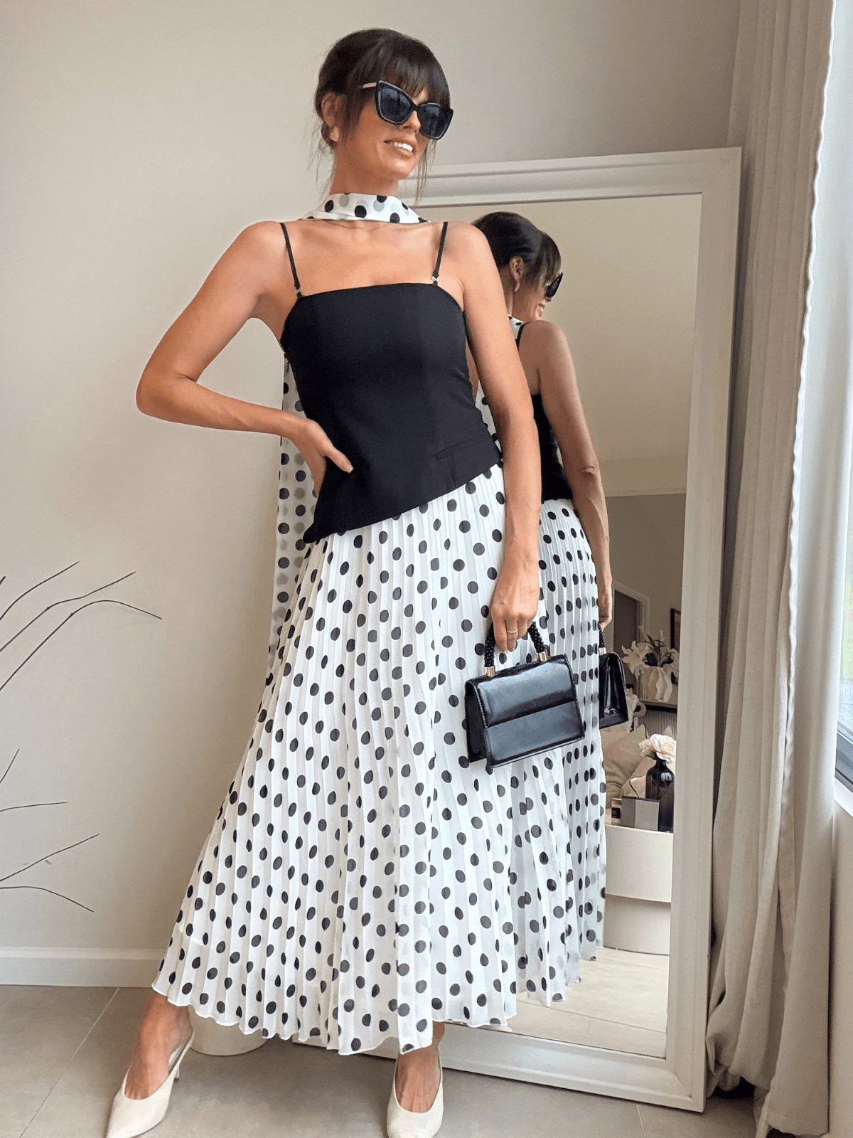 Madelaine Mono Polka-Dot Pleat Dress
