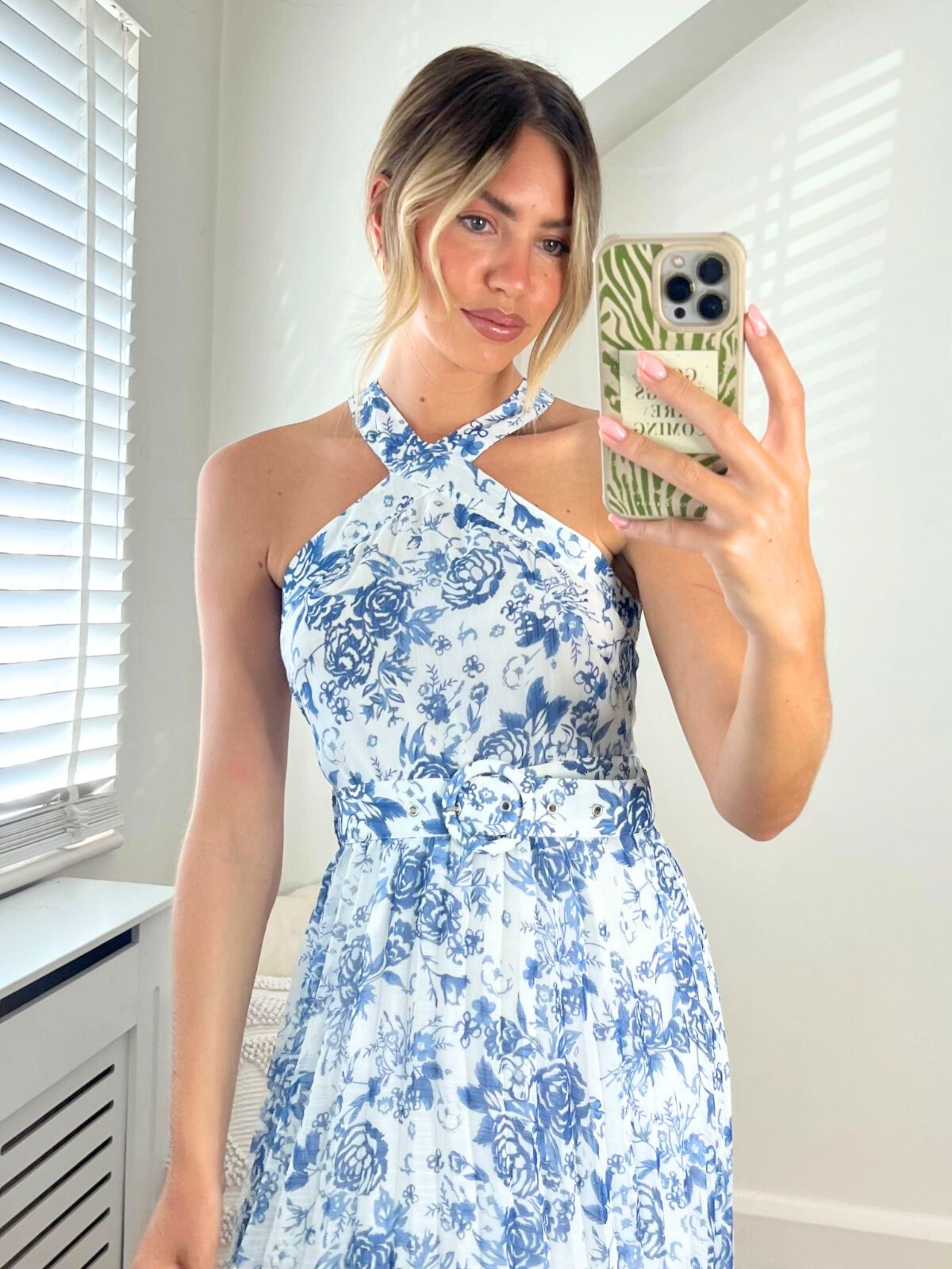 Paige Halter Pleated Belted Dress / Blue Floral
