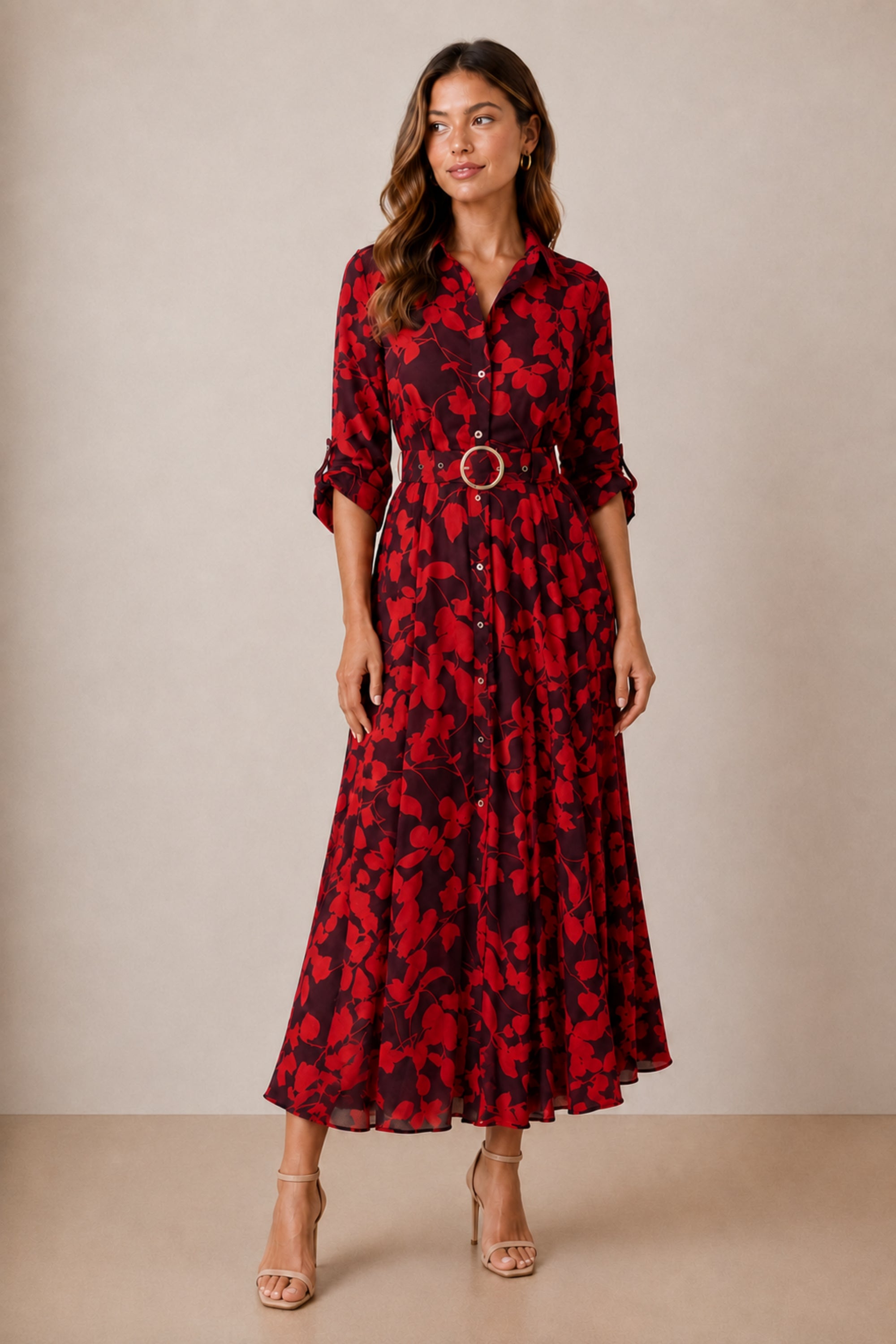 Daphne Belted Red Floral Dress