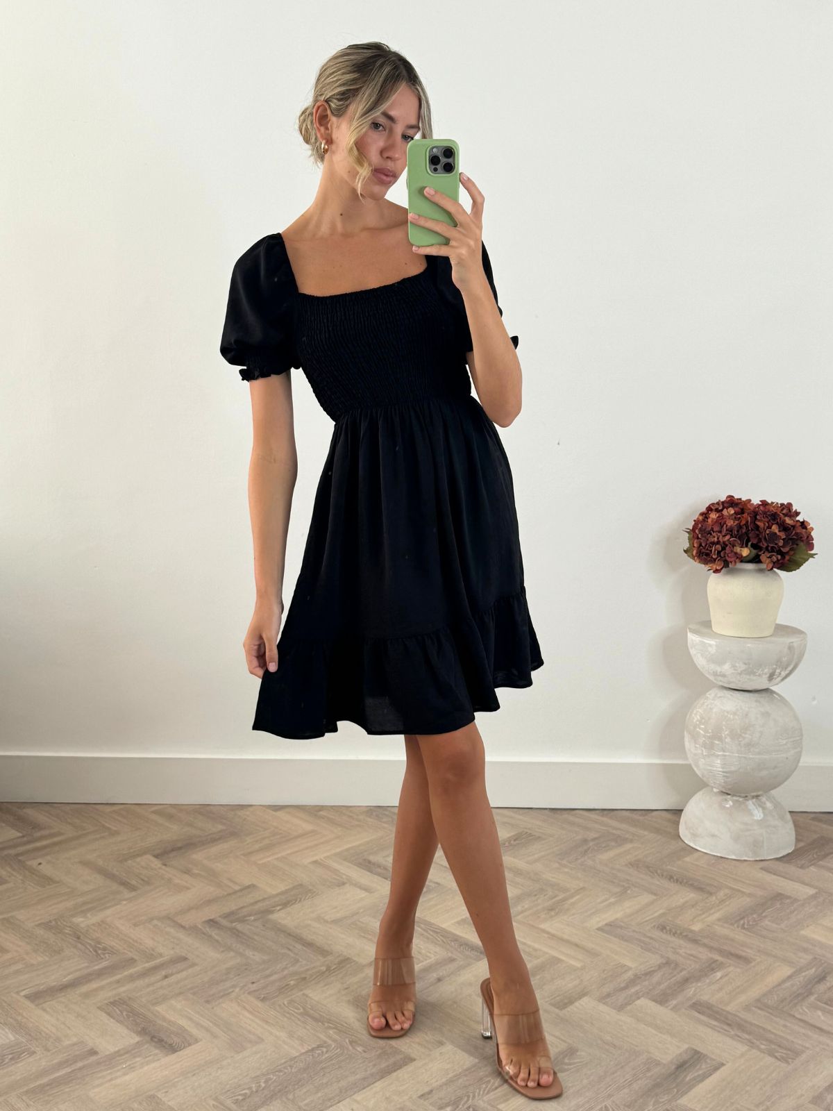 Amie Puff Sleeve Mini Dress in Black