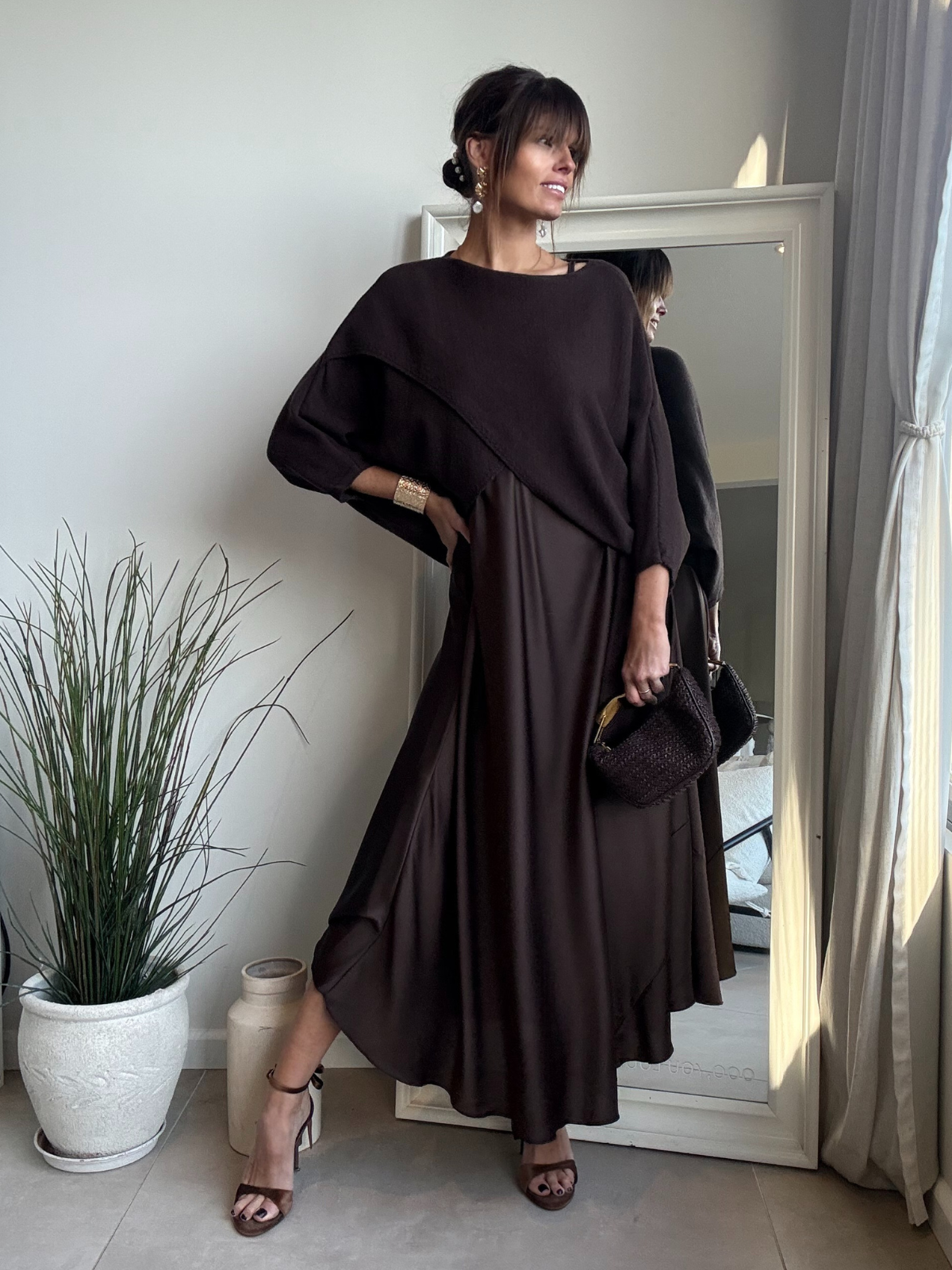 2 in 1 Knitted Cross Front Satin Maxi Dress in Chocolate Brown
