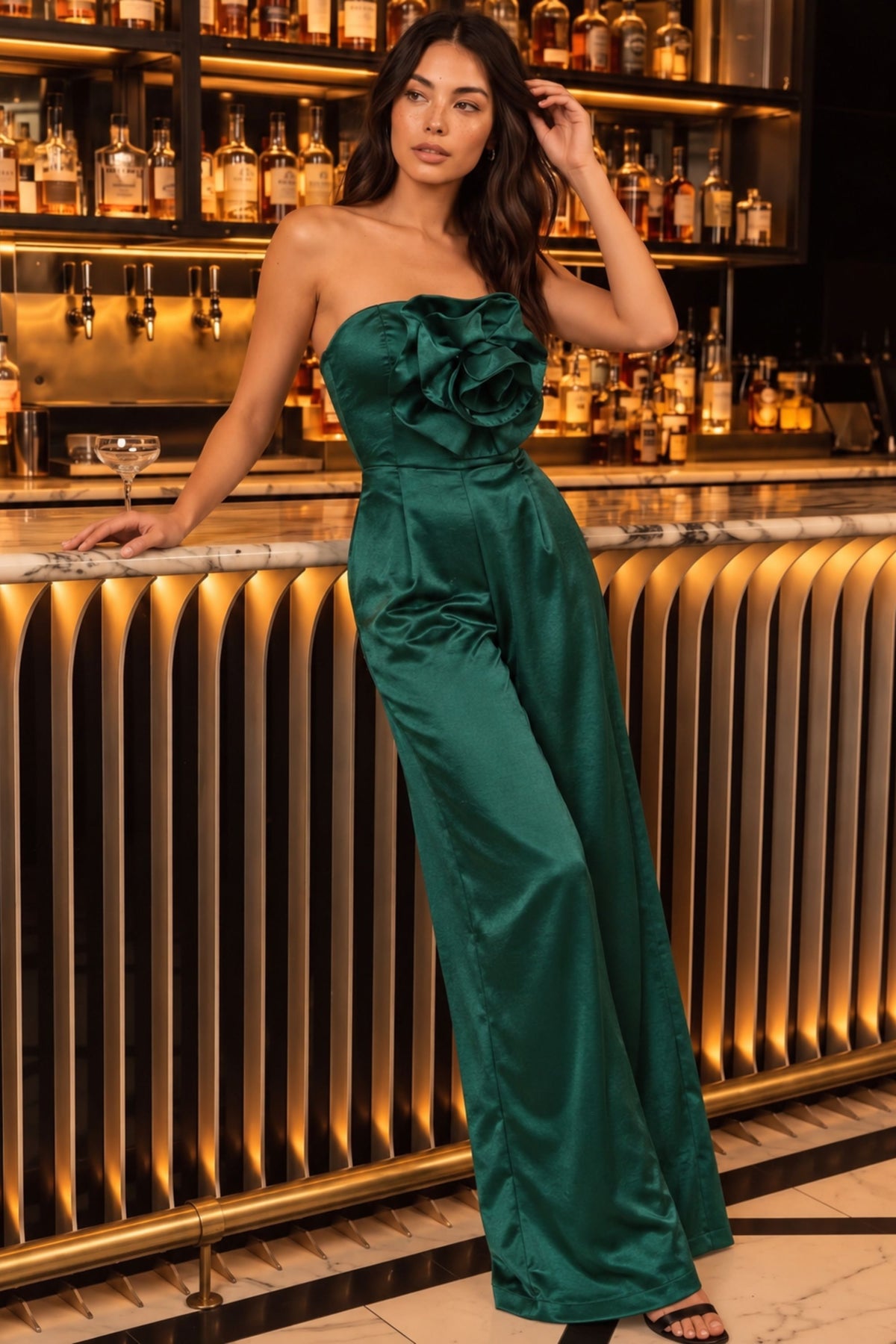 Faye Bandeau Corsage Detail Wide Leg Jumpsuit / Emerald Green