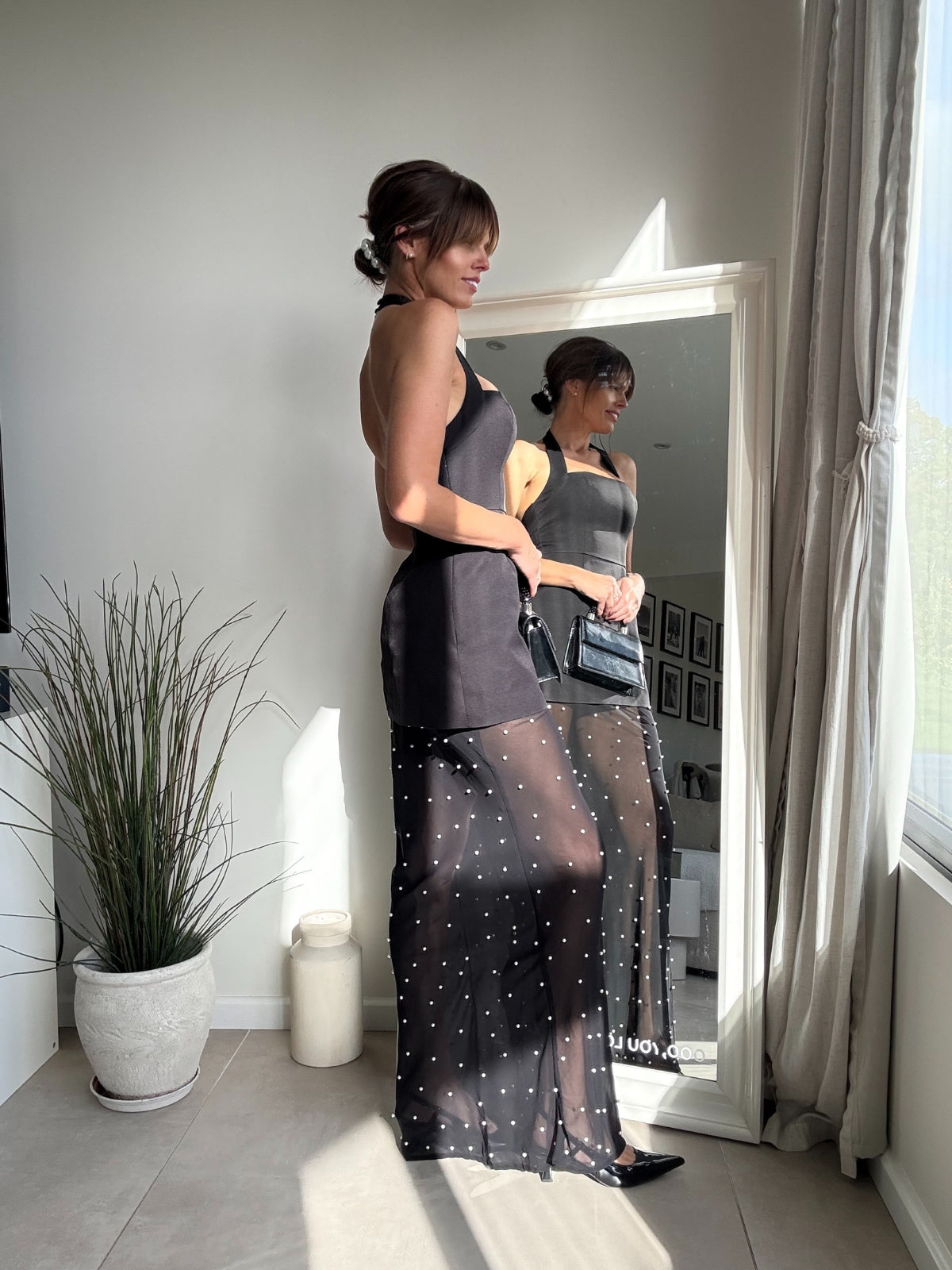 Halter Slip Pearl Dress in Black