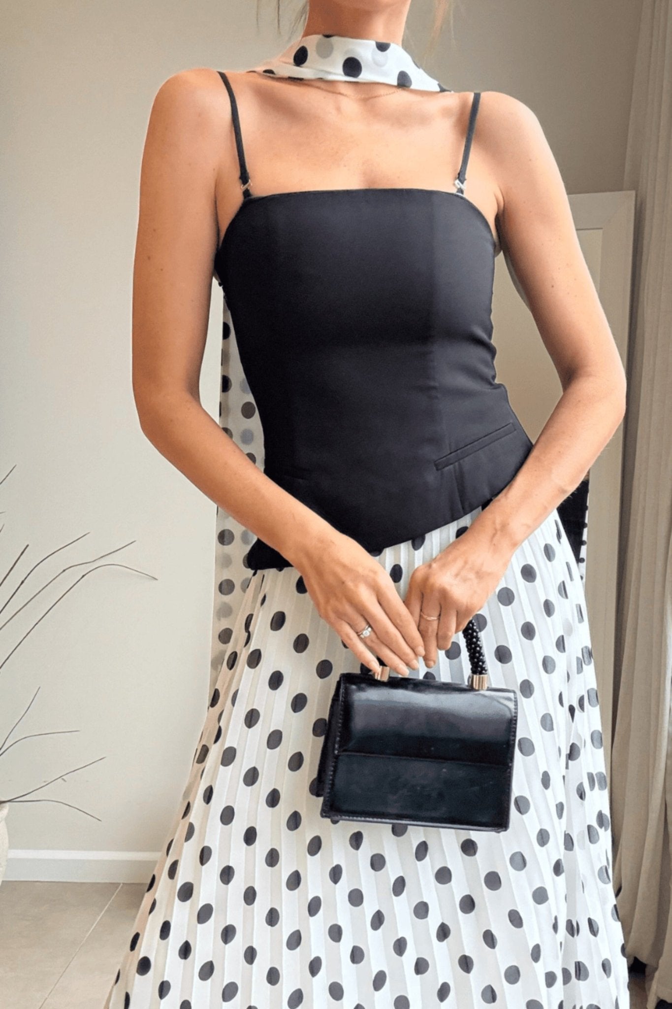 Viola Scarf Bandeau Pleat Dress in Mono Polka Dot - Style Cheat