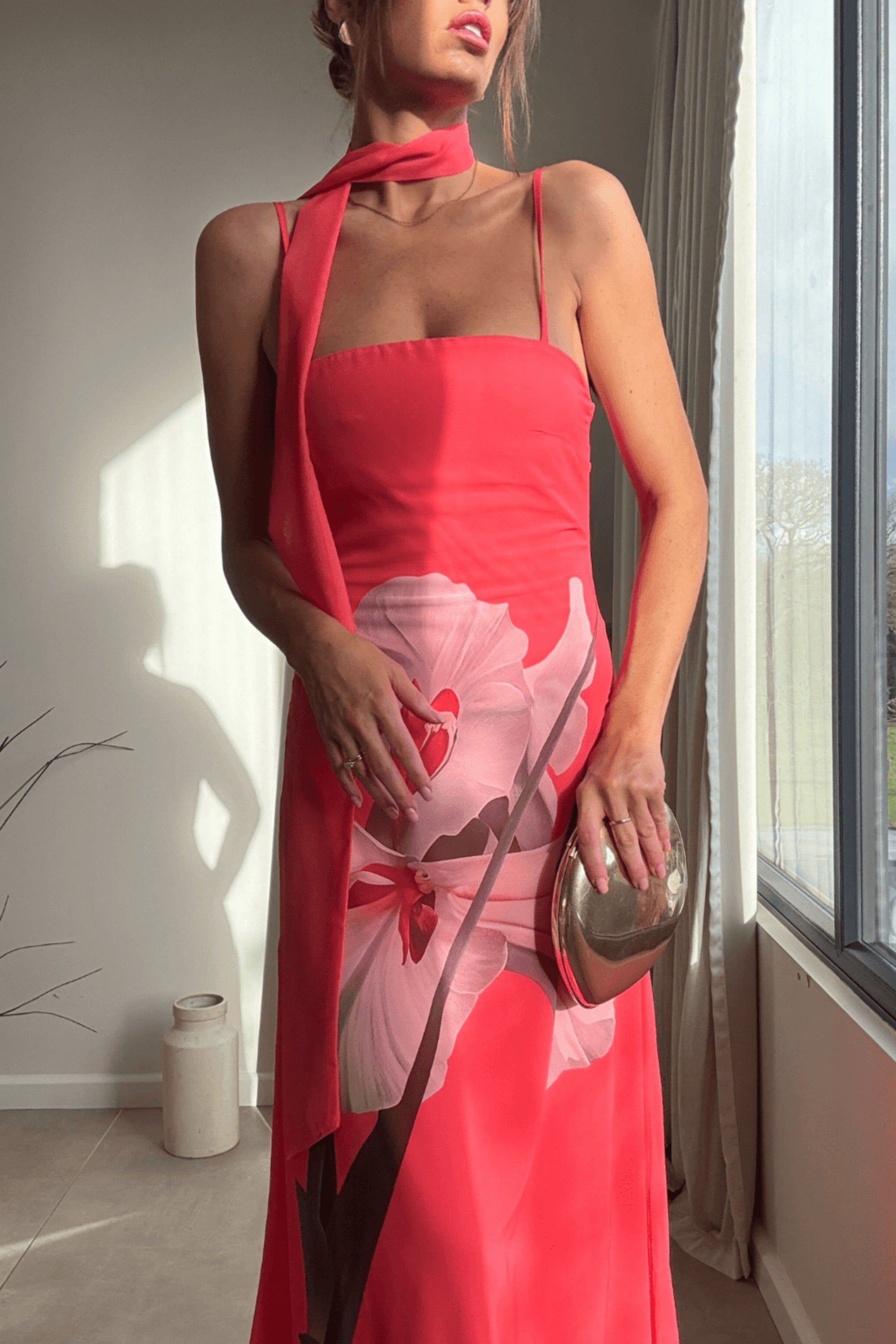 Peony Soft Chiffon Maxi Dress with Scarf in Pink - Style Cheat