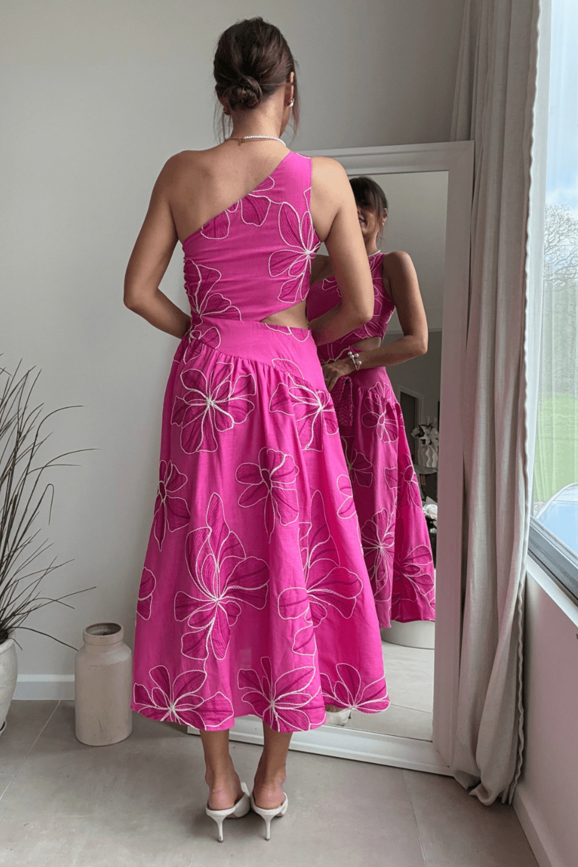 Jasmine Cut Out One Shoulder Dress in Pink Floral - Style Cheat