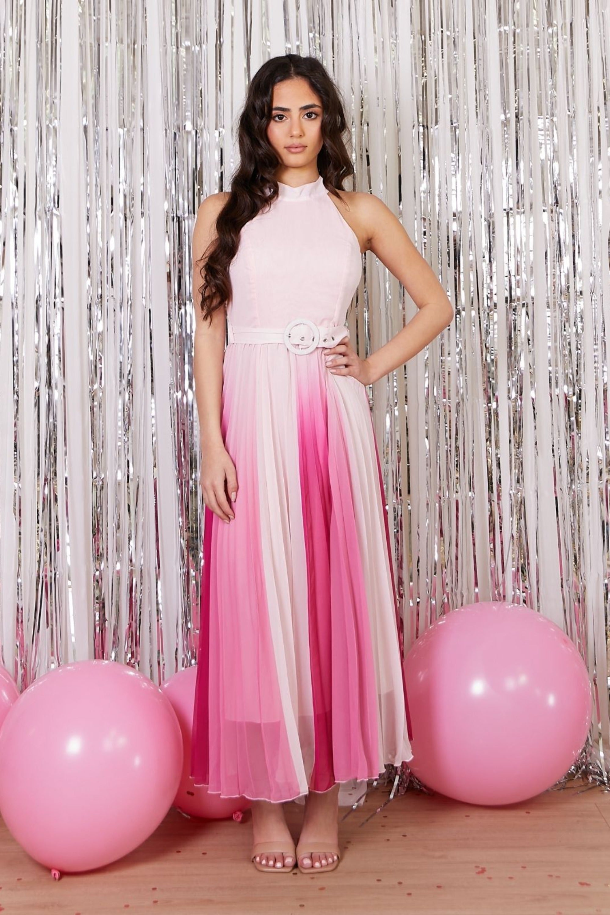 Luisa Belted Pleated Maxi Dress / Ombre - Style Cheat