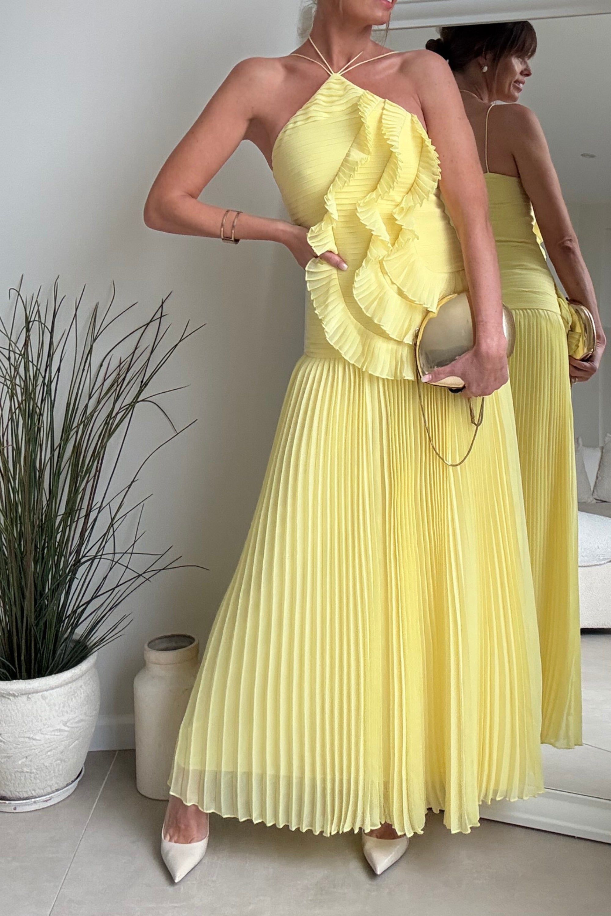 Yellow Pleated Halter Maxi Dress