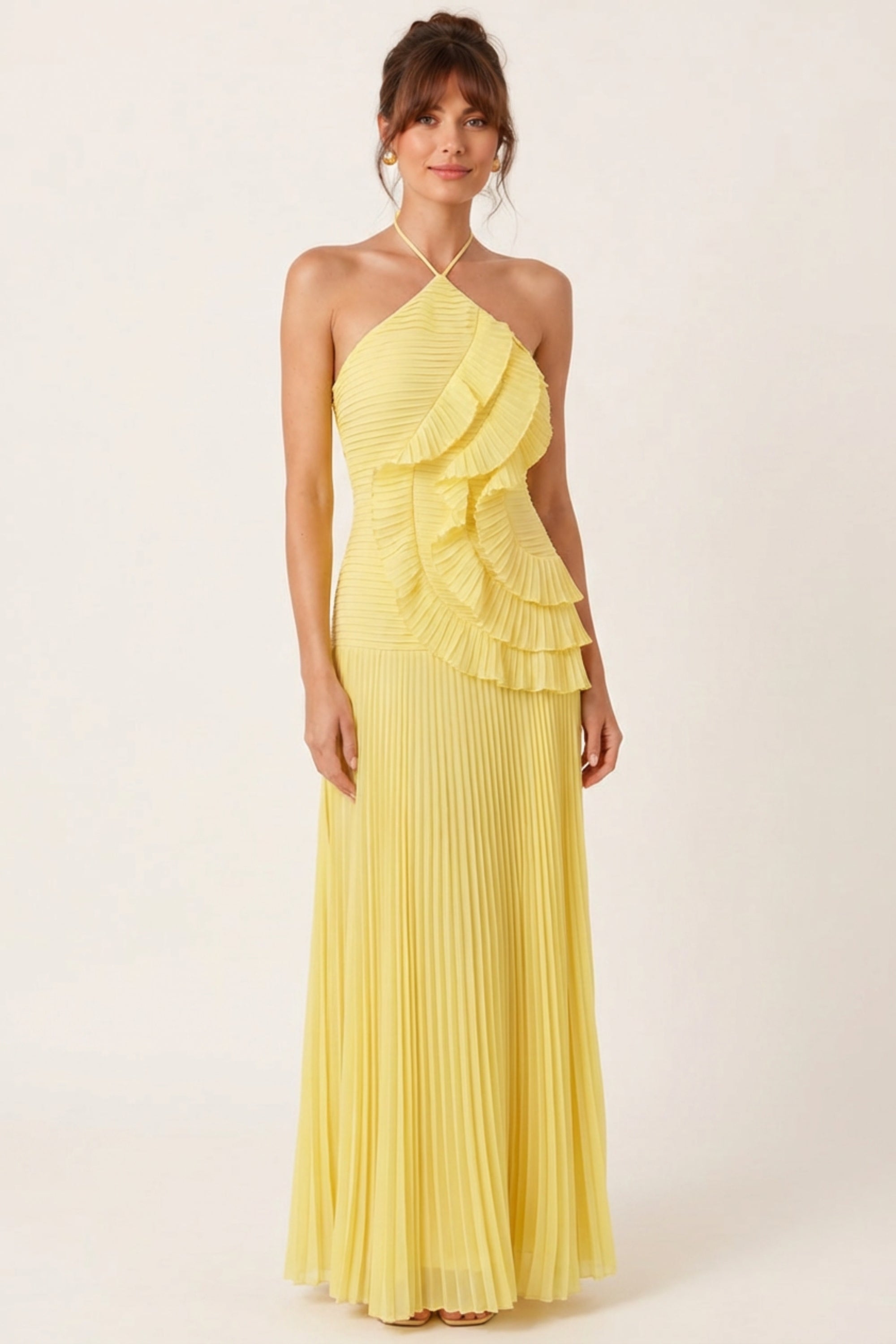 Yellow Pleated Halter Maxi Dress
