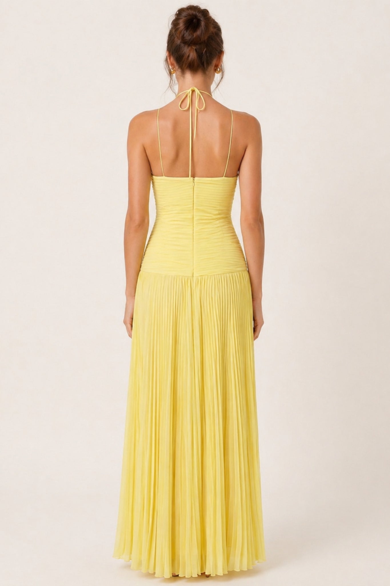 pleated dress yellow Barb Midi in S / Yellow Satin Length ALISHA PLEATED YELLOW DRESS -