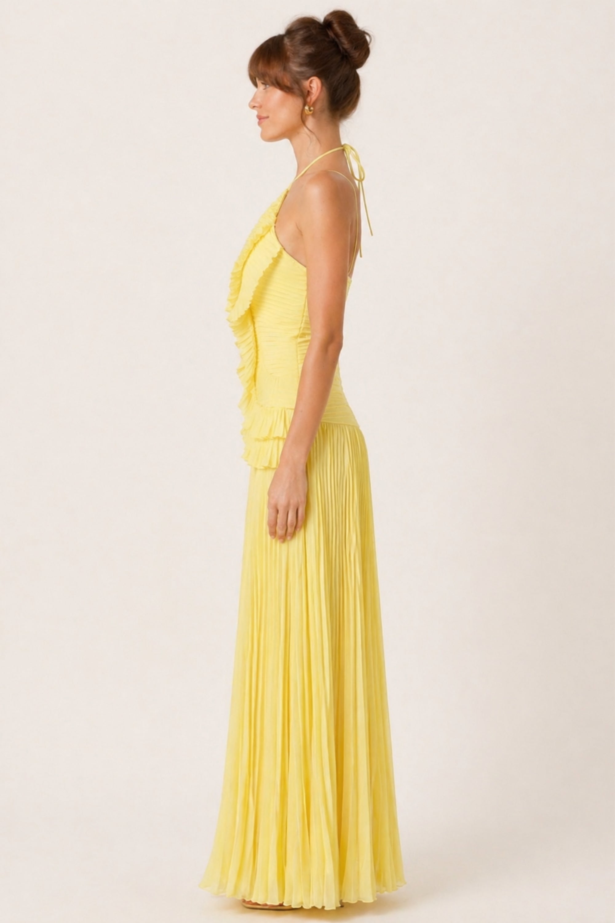 Yellow Pleated Halter Maxi Dress