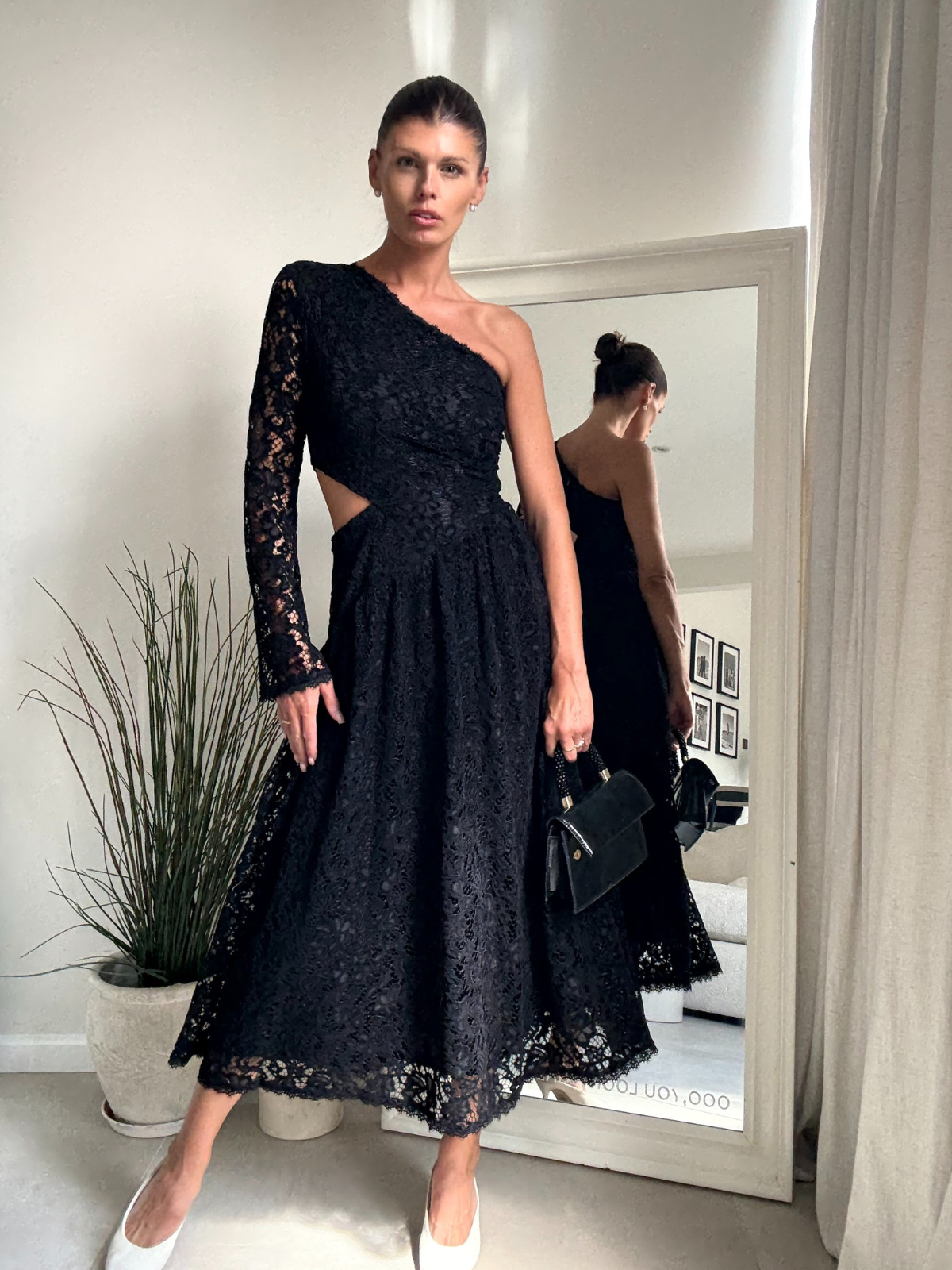 Jasmine Cut Out One Shoulder Dress in Black Lace