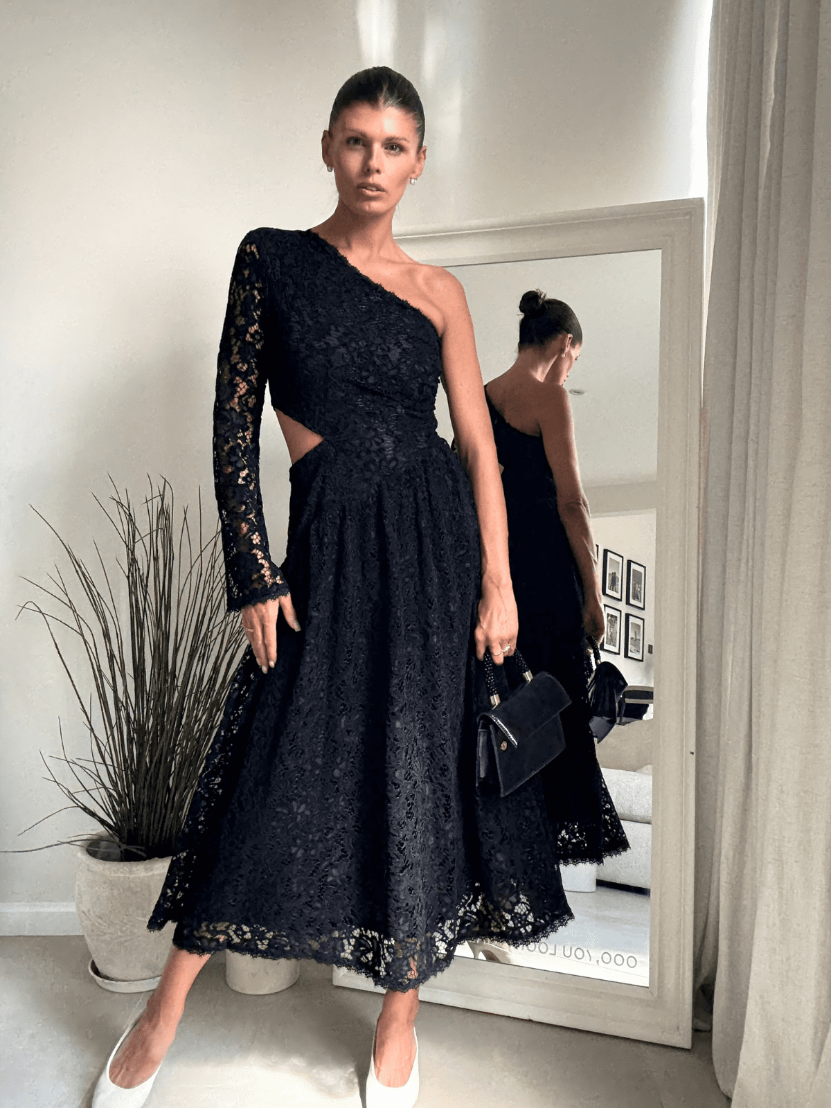 Jasmine Cut Out One Shoulder Dress in Black Lace