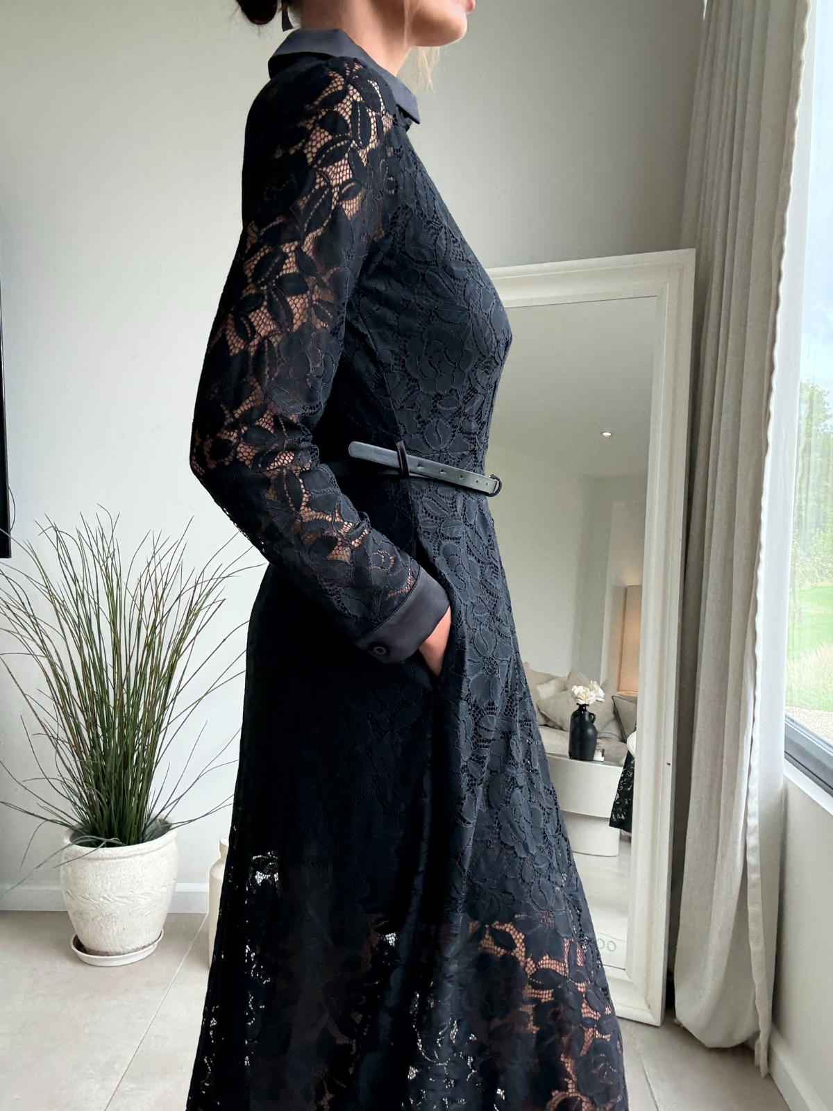 Daphne Belted Shirt Dress / Black Lace