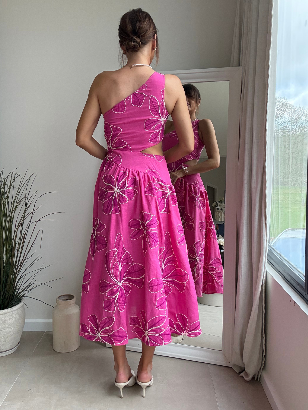 Jasmine Cut Out One Shoulder Dress in Pink Floral