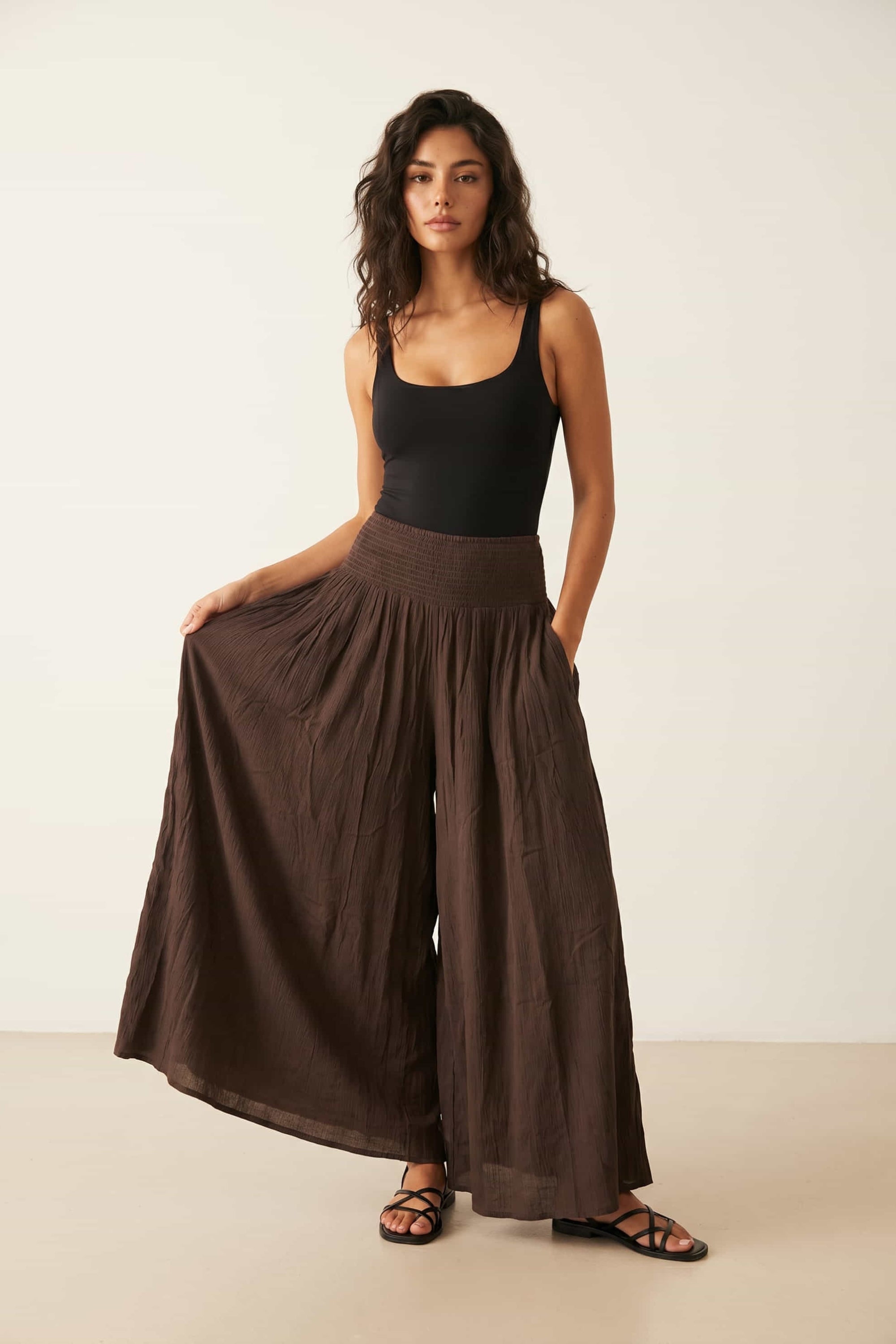 Brown Shirred Plain Trouser