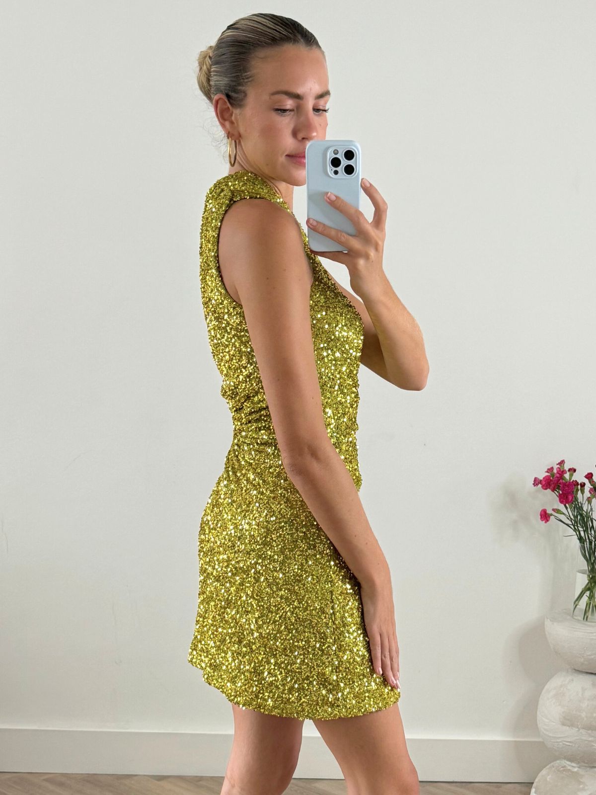 Ayla One Shoulder Mini Dress / Lime Sequin