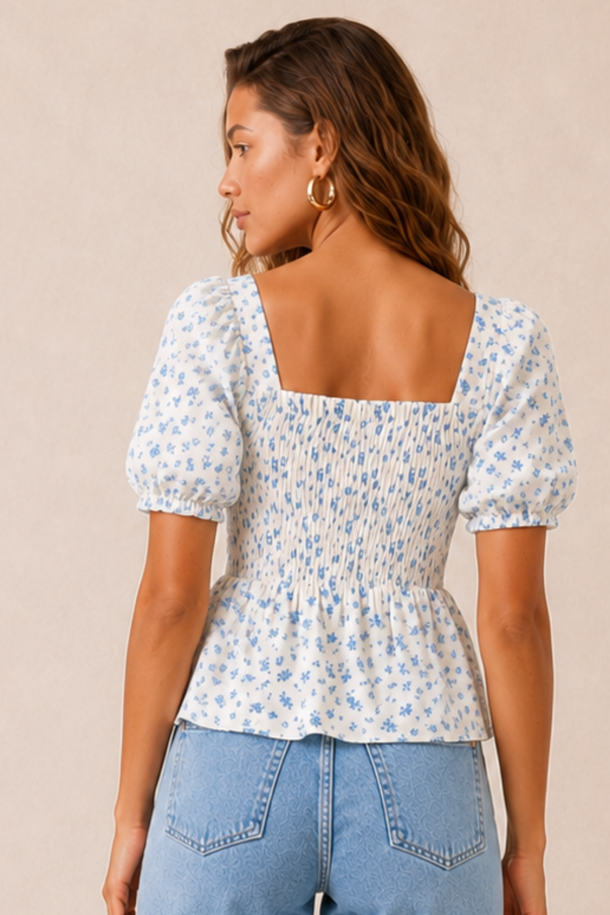 Blue Floral Shirred Top