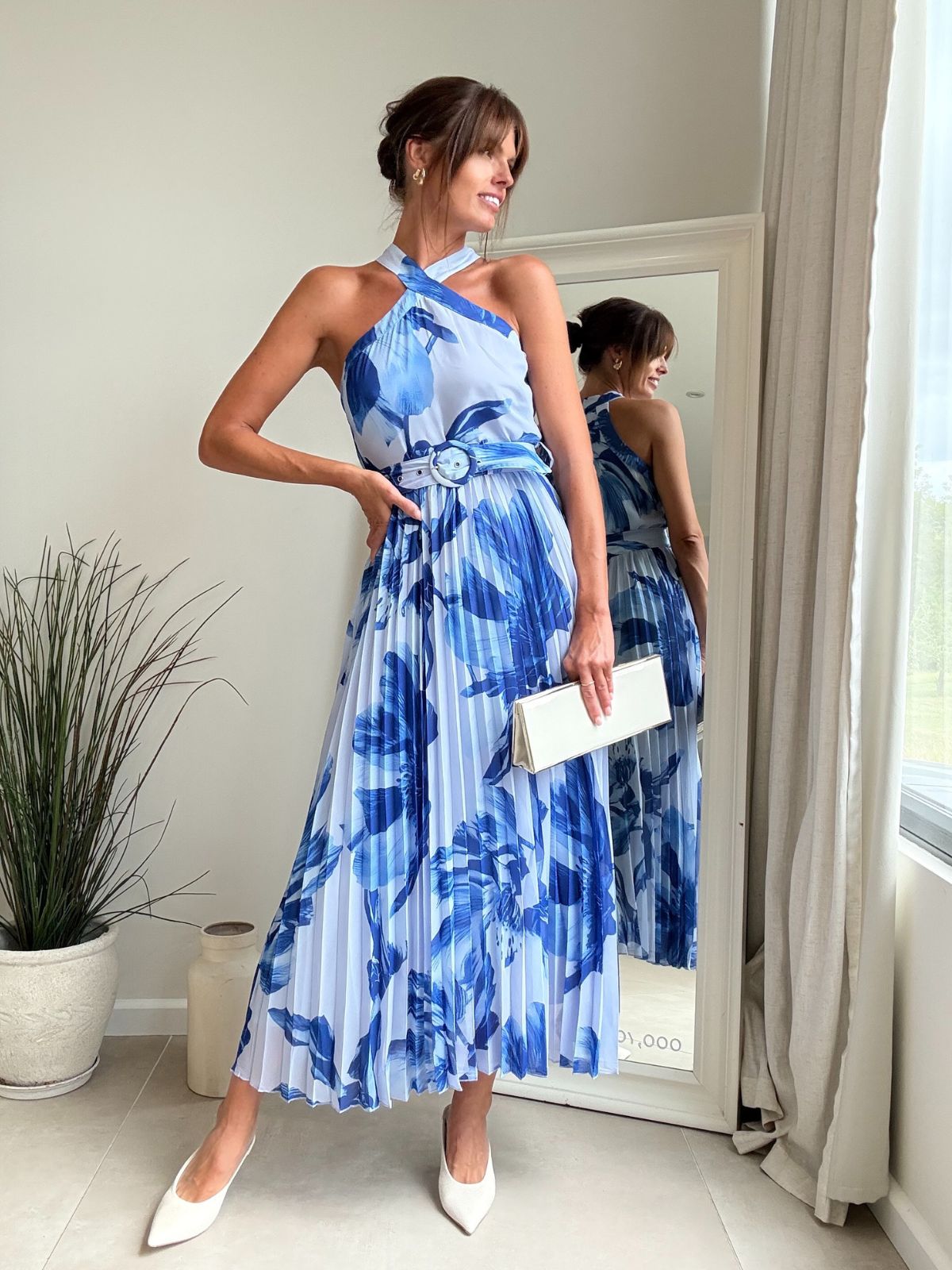 Paige Halter Pleated Belted Dress / Blue Floral