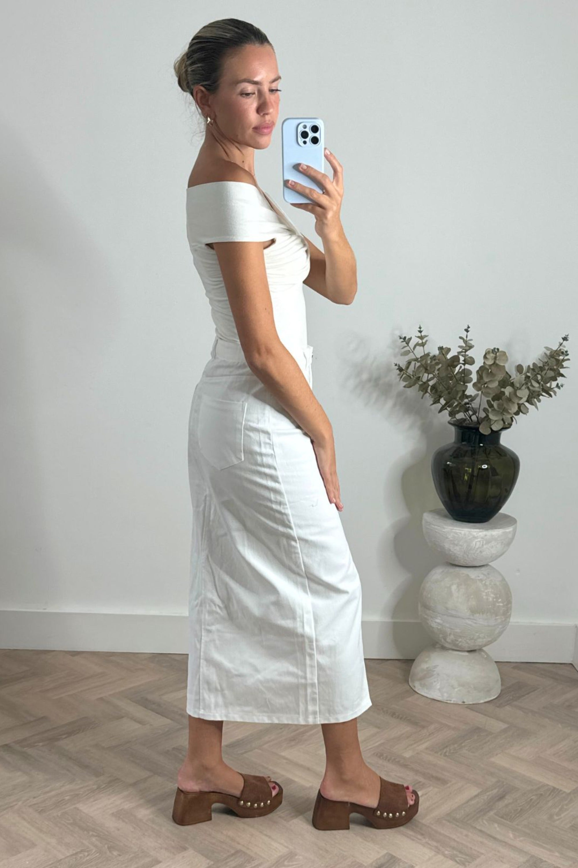 Piper Midi Twill Skirt in White - Style Cheat