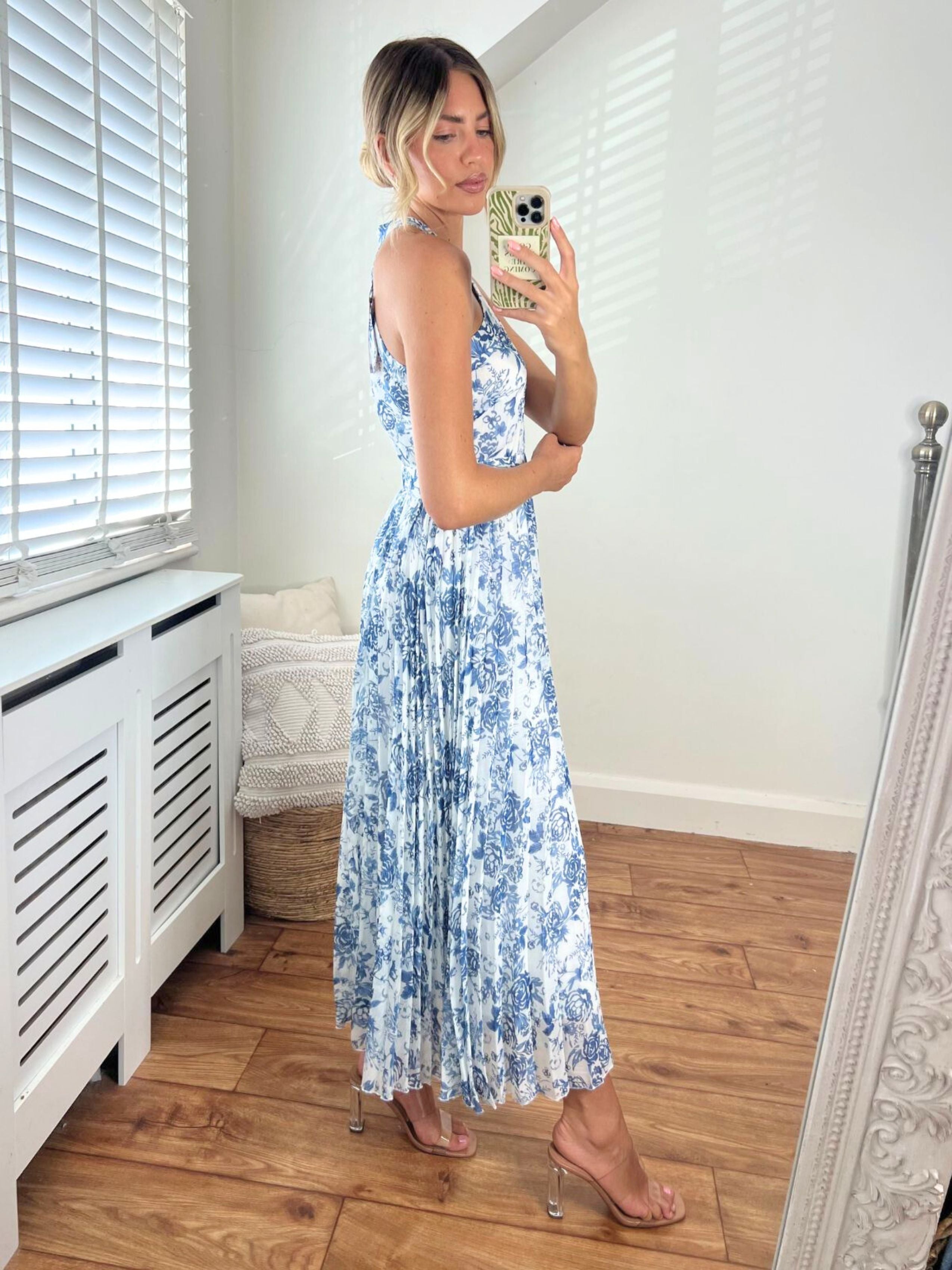 Paige Halter Pleated Belted Dress / Blue Floral
