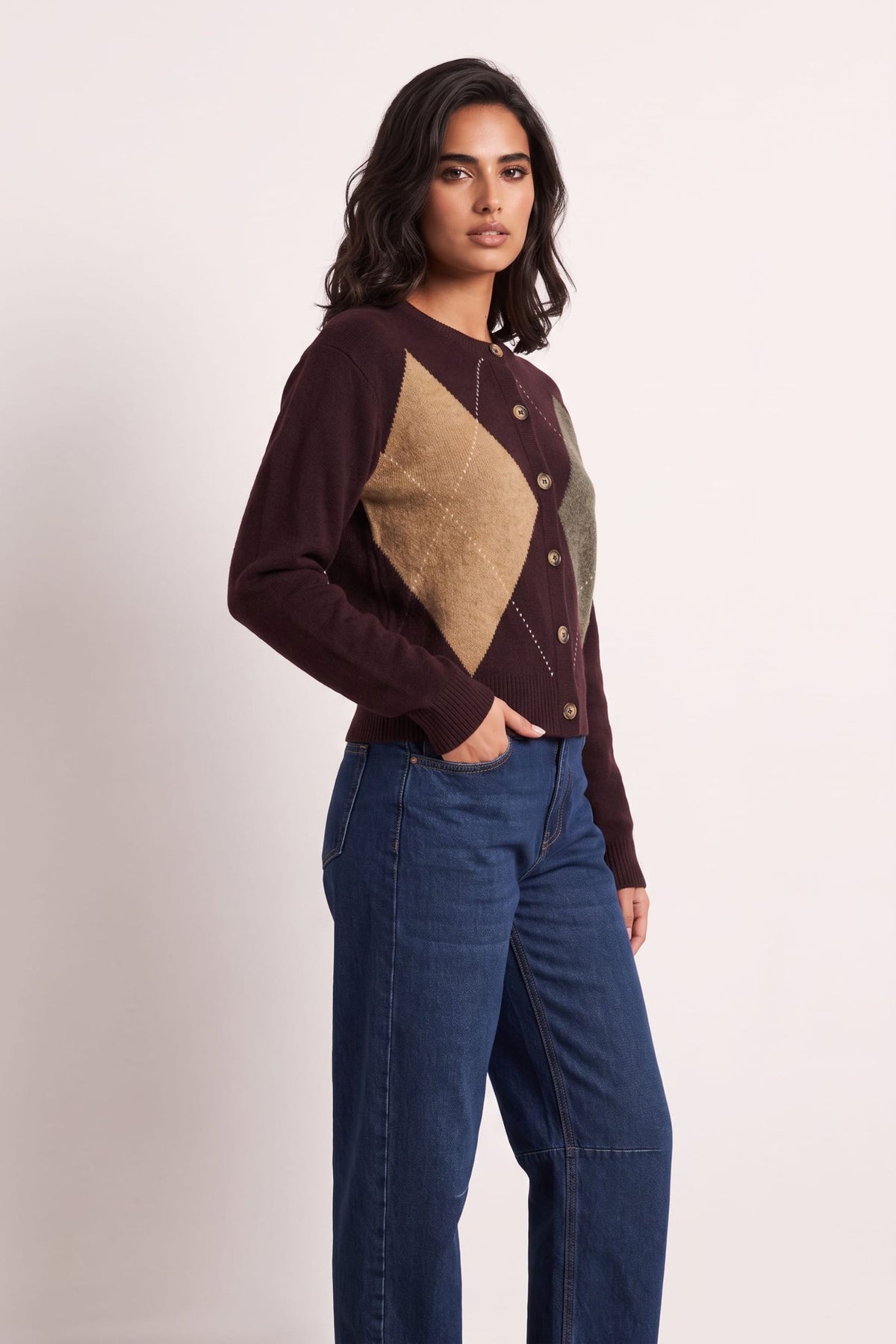 Dark Plum Argyle Knit Cardigan