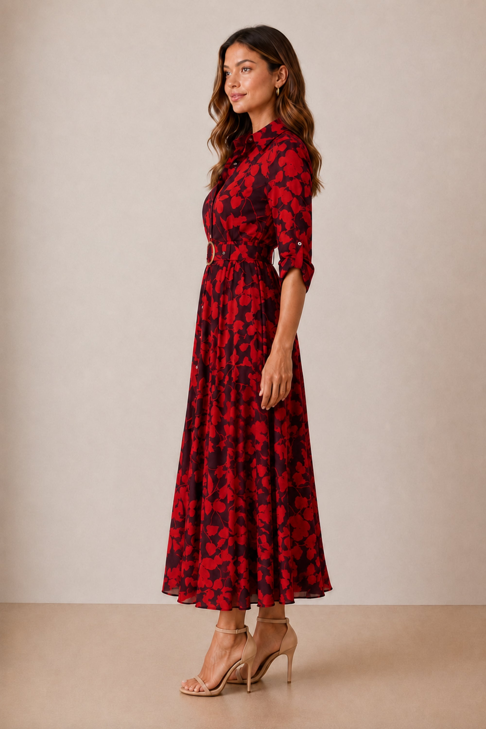 Daphne Belted Red Floral Dress