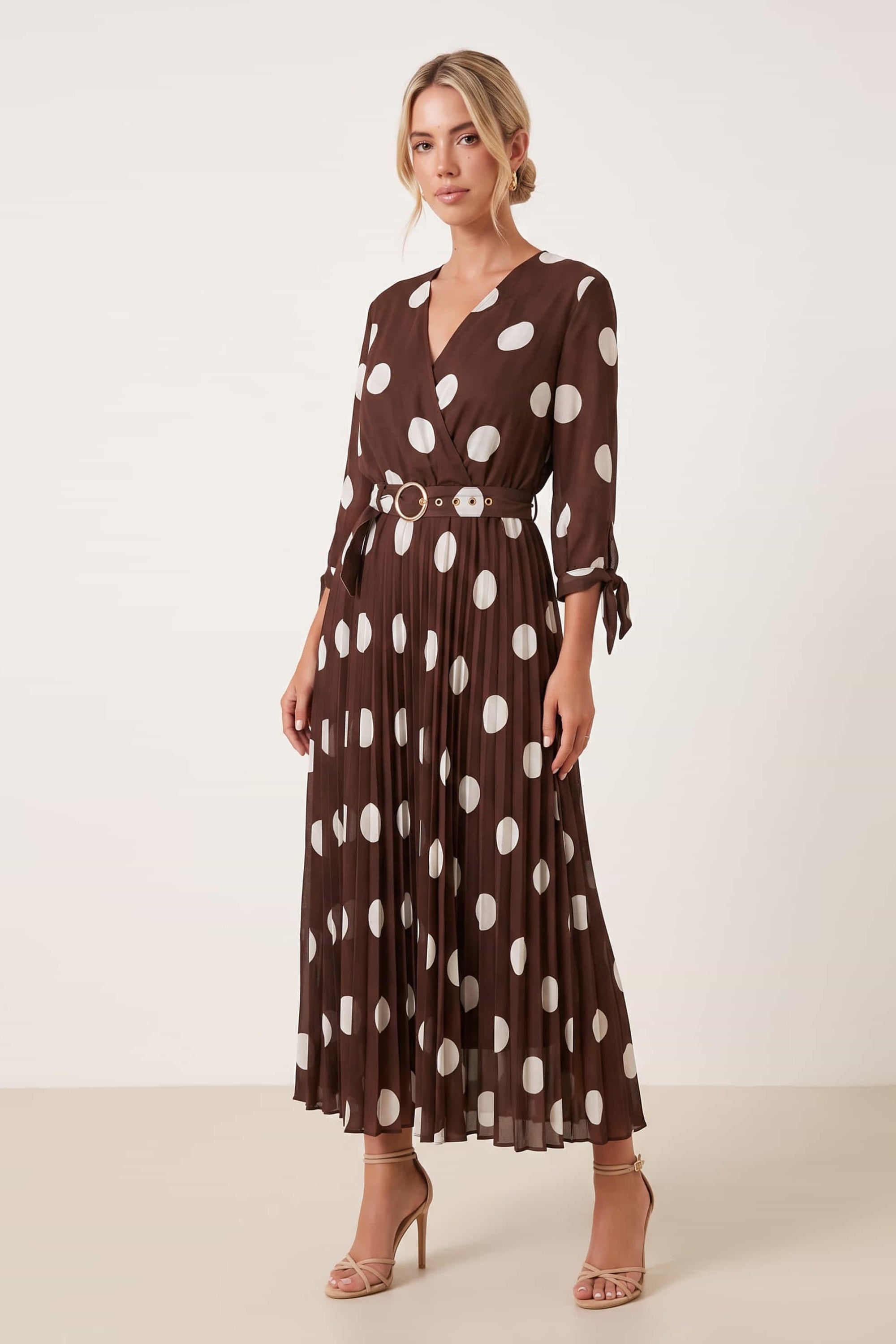 V Neck Pleat Spot Dress