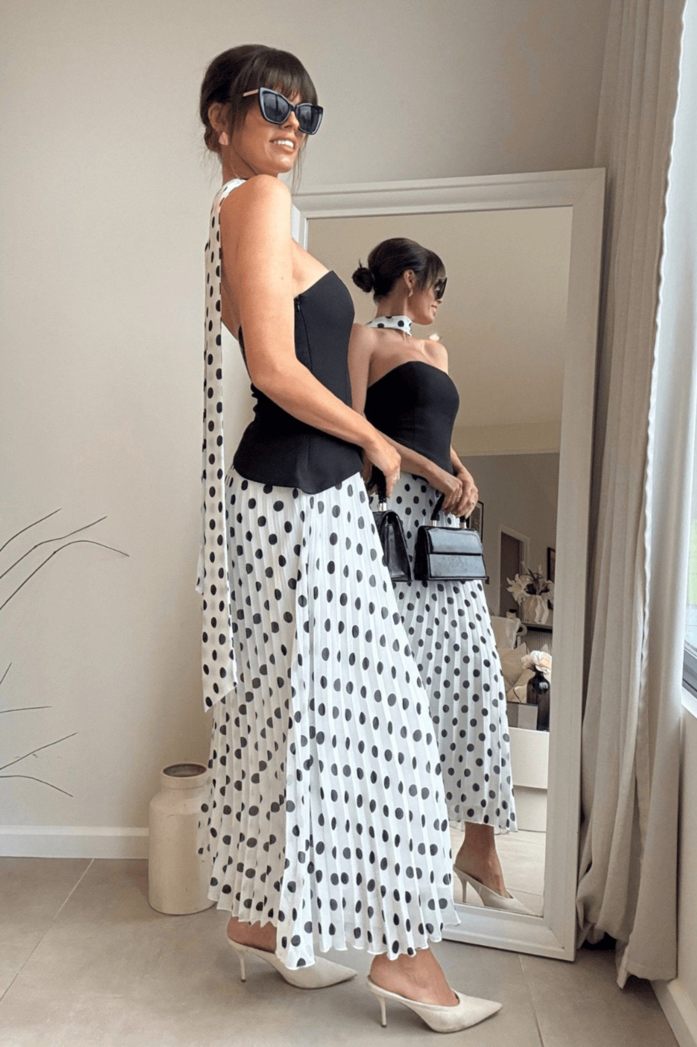 Viola Scarf Bandeau Pleat Dress in Mono Polka Dot - Style Cheat