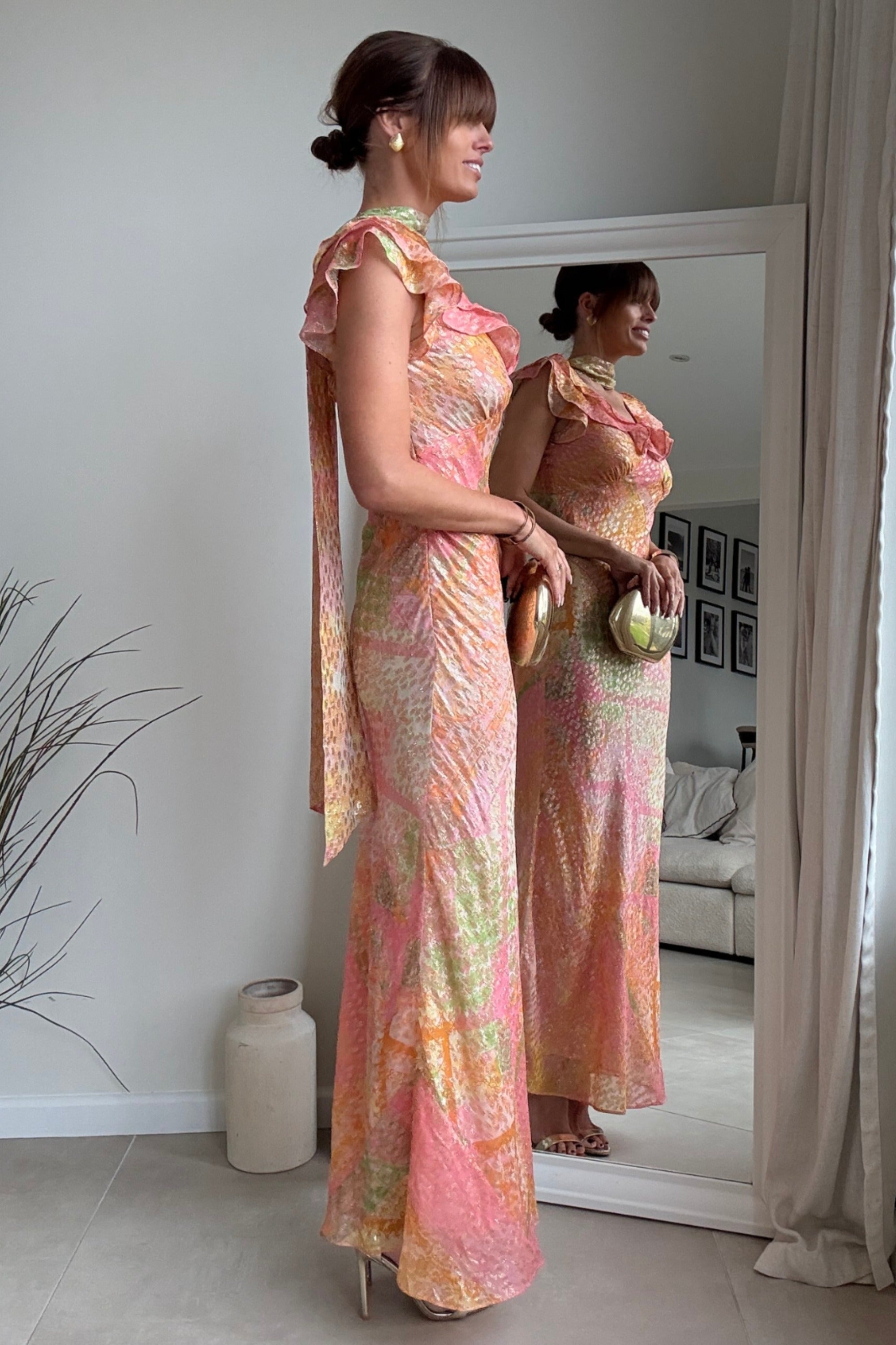Ruffle Lurex Maxi Dress in Coral - Style Cheat