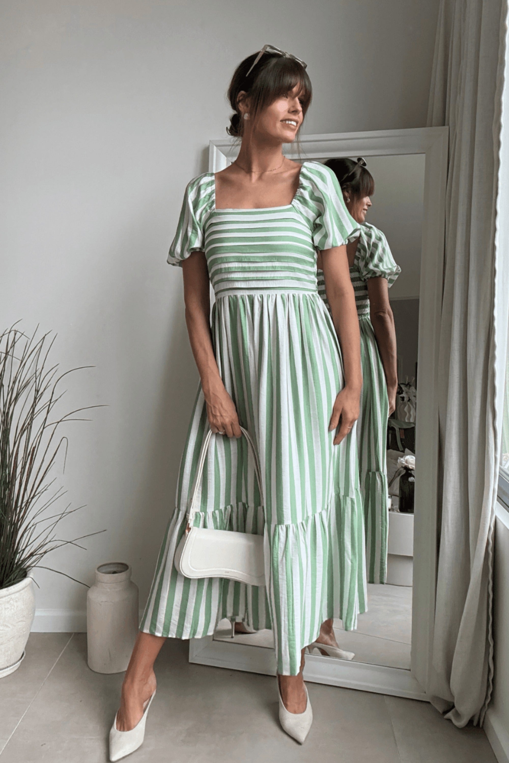 Leighton Puff Sleeve Midi Dress in Green Stripe - Style Cheat
