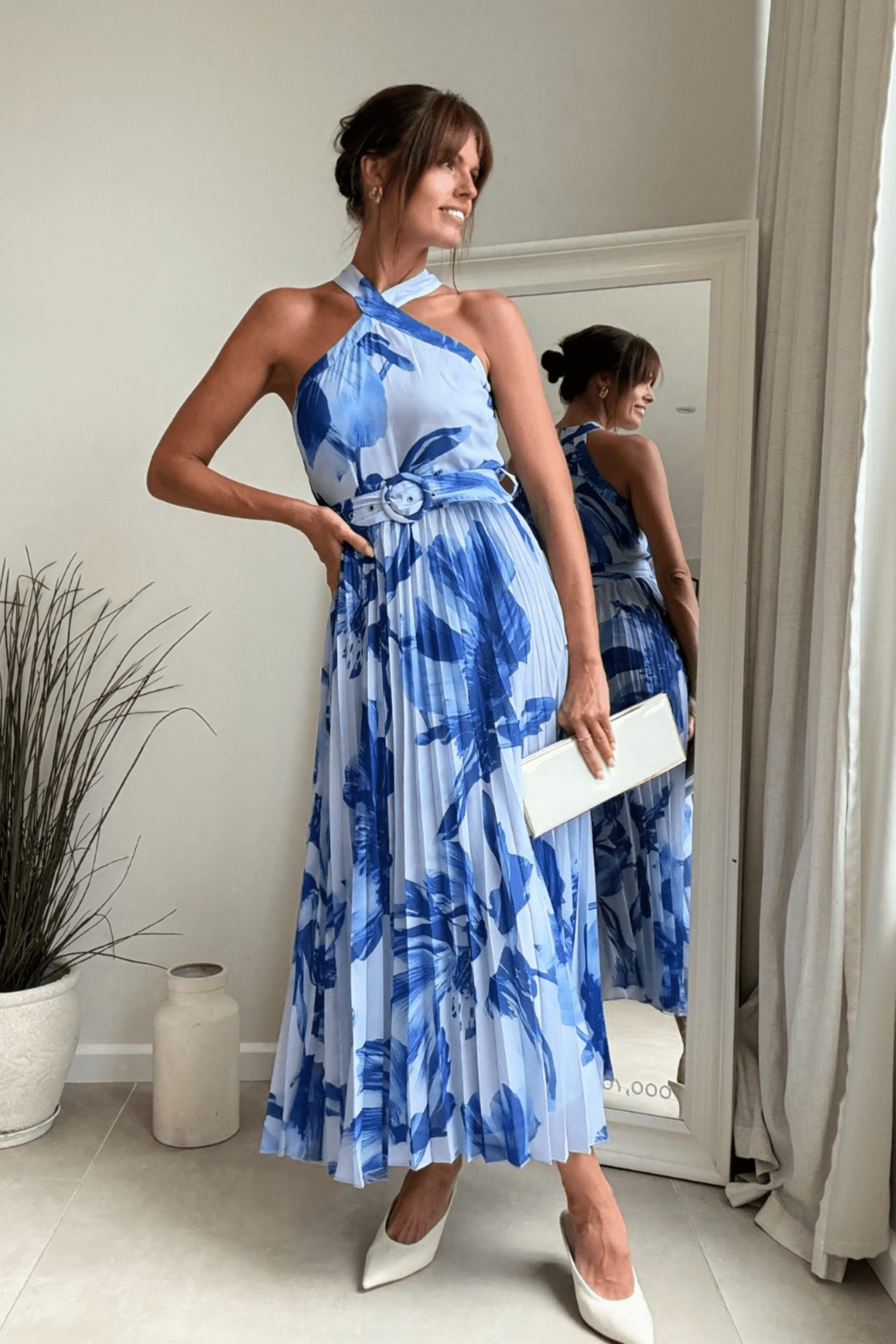 Paige Halter Pleated Belted Dress / Blue Floral - Style Cheat