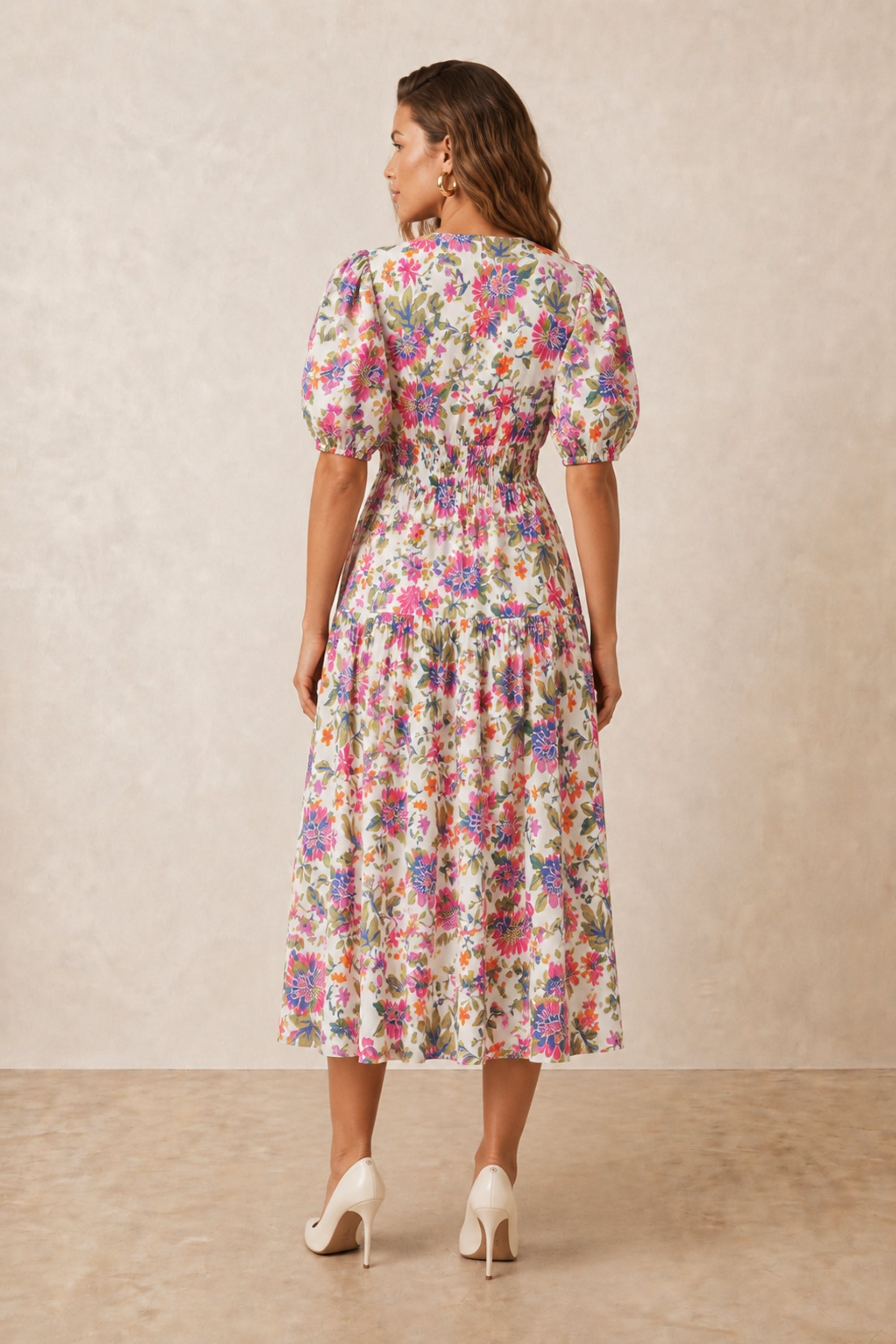 Puff Sleeve V Neck Midi Dress