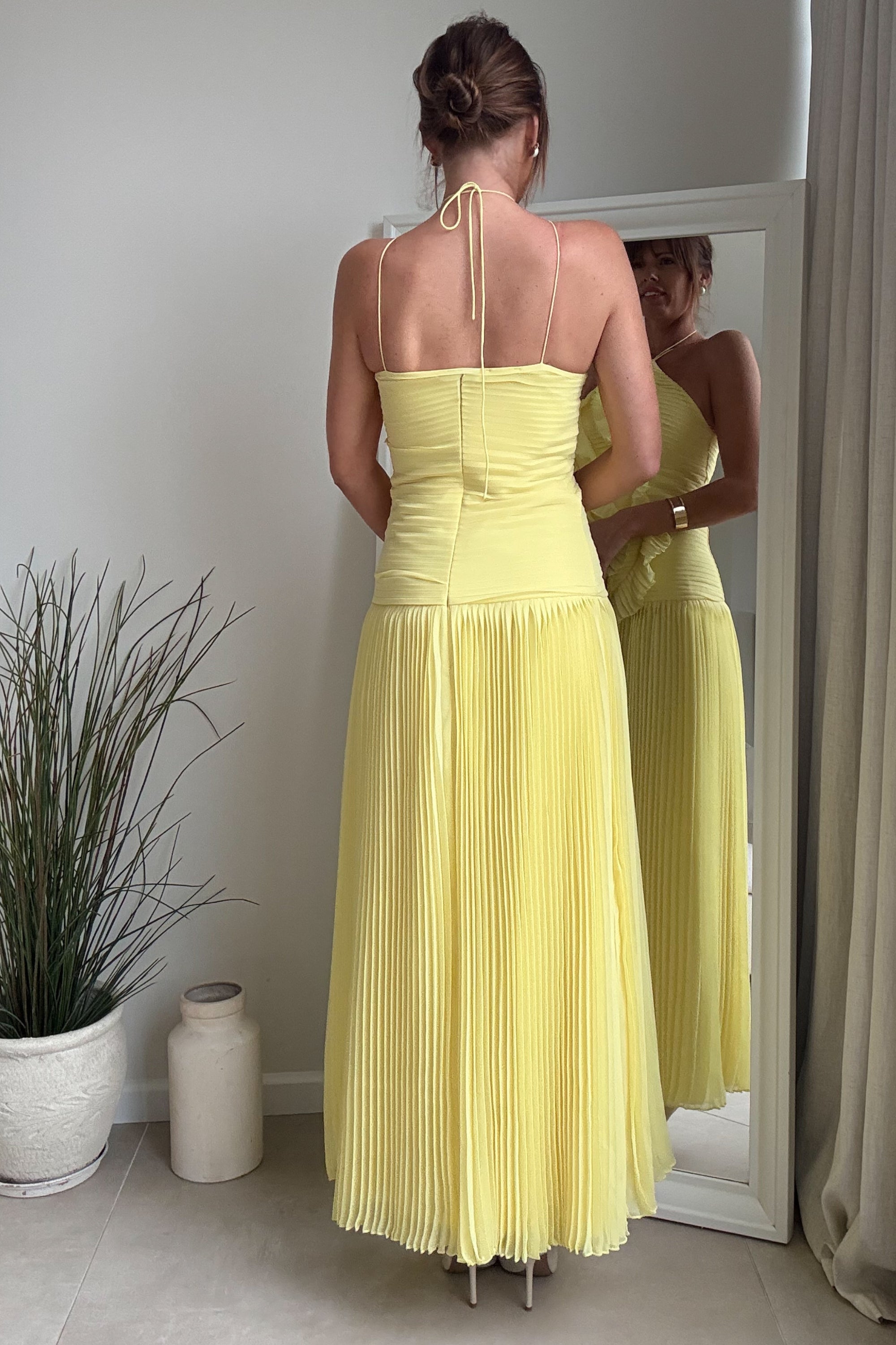 Yellow Pleated Halter Maxi Dress