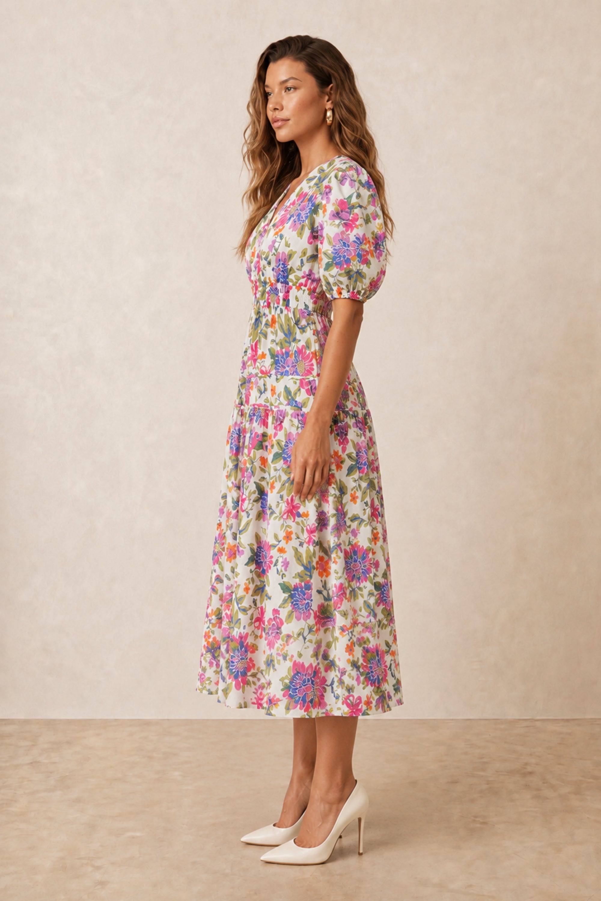 Puff Sleeve V Neck Midi Dress