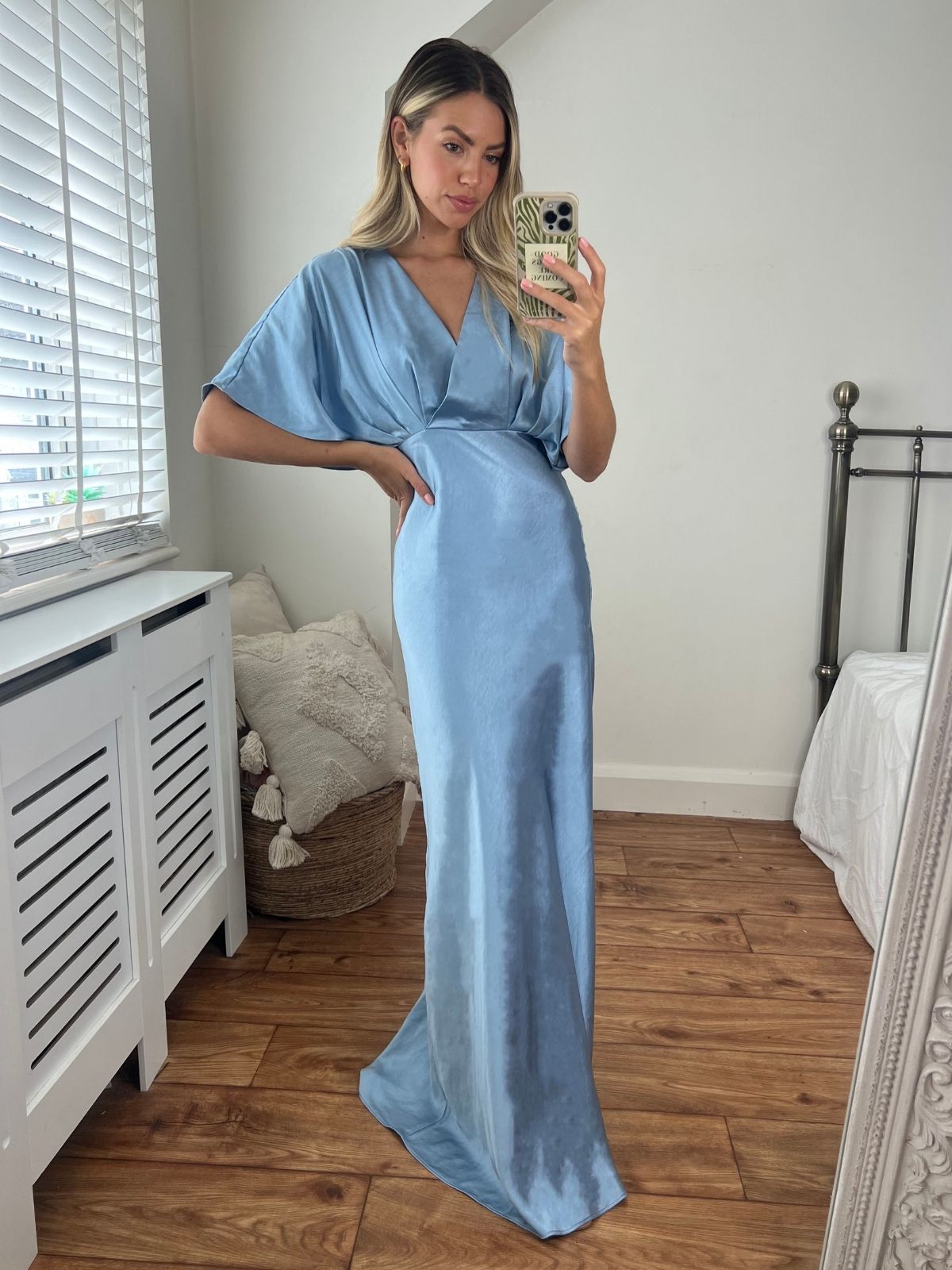 Blue Satin Bridesmaid Dress | Angel Sleeve Maxi Satin Bridesmaid Dress ...