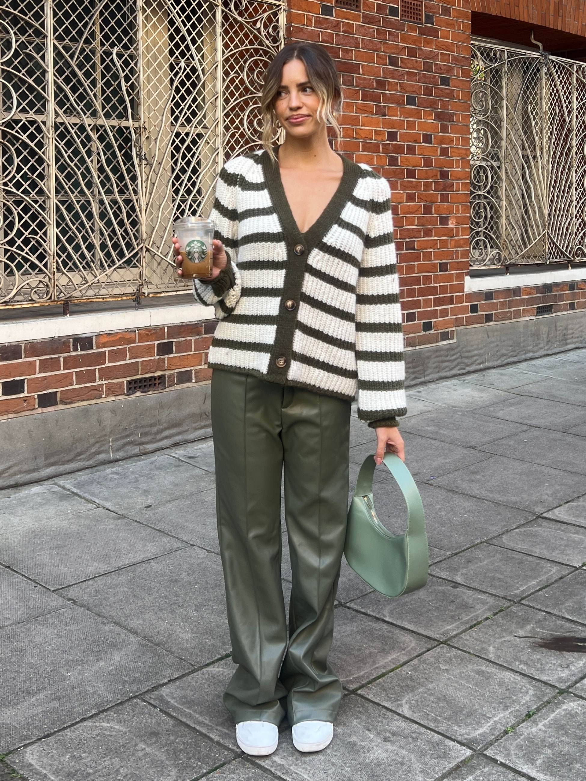 Meredith Cosy Striped Oversized Cardigan / Olive