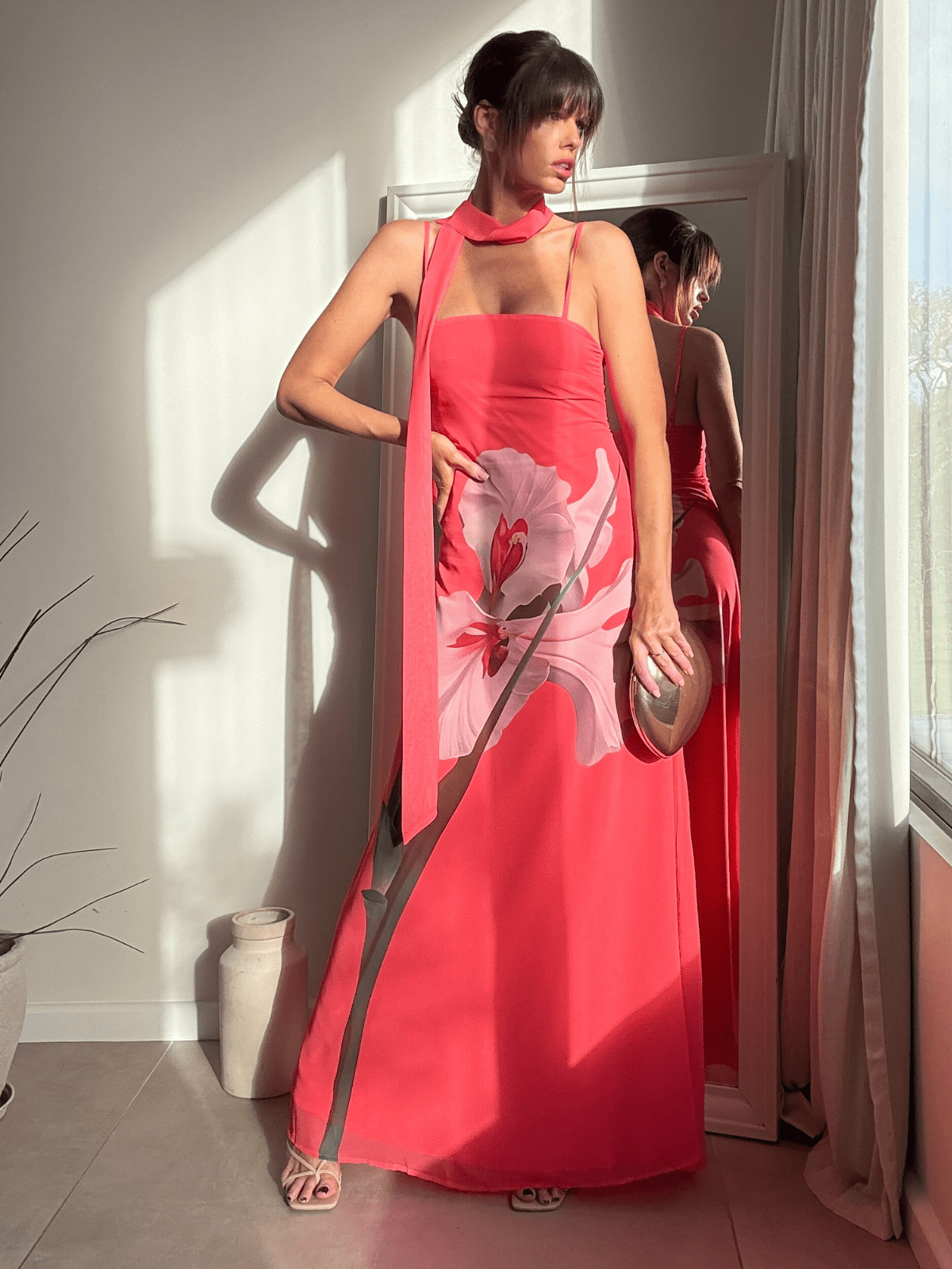 Peony Soft Satin Maxi with Scarf in Pink