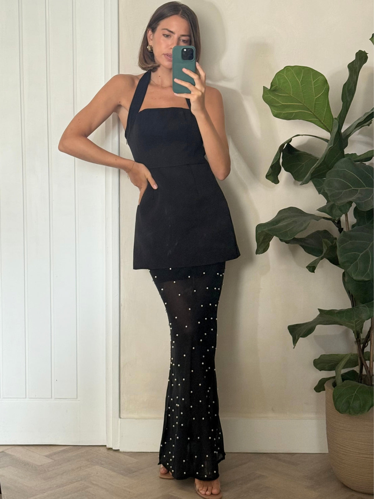 Halter Slip Pearl Dress in Black