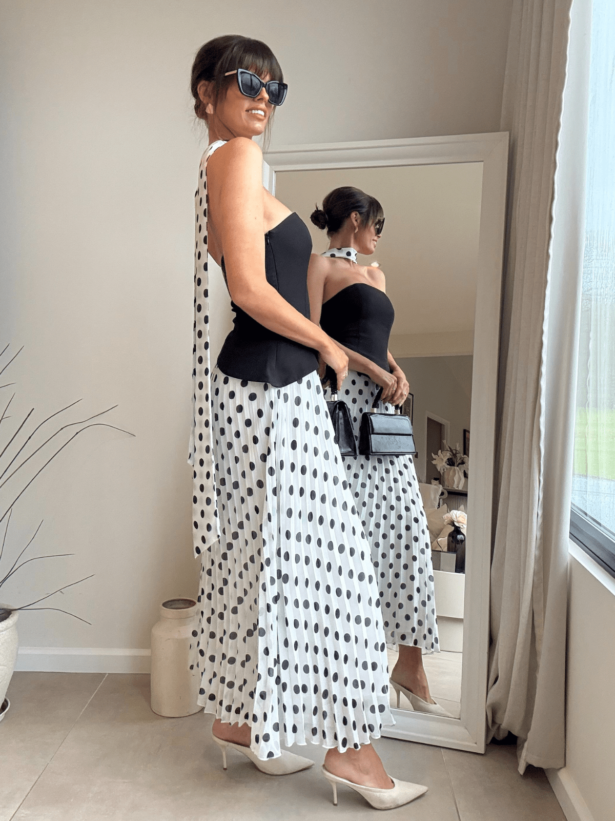 Madelaine Mono Polka-Dot Pleat Dress