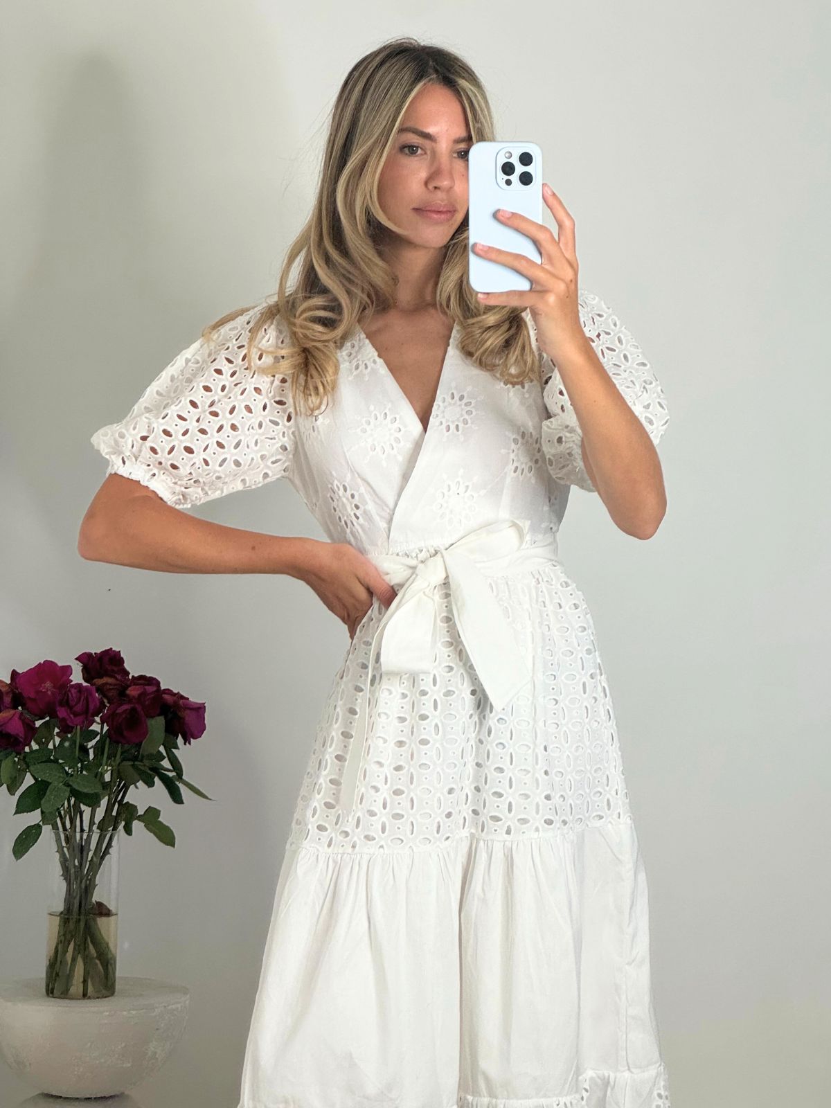 Claudia Puff Sleeve Broderie Midaxi Dress in White