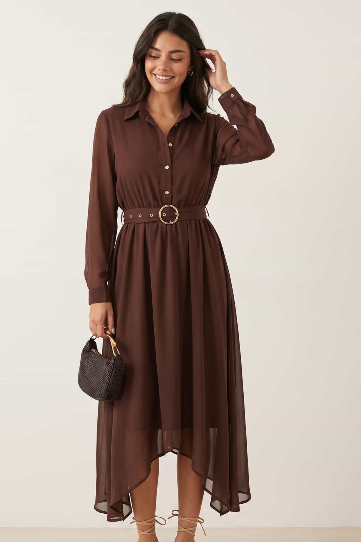 Chocolate Hanky Hem Belted Dress