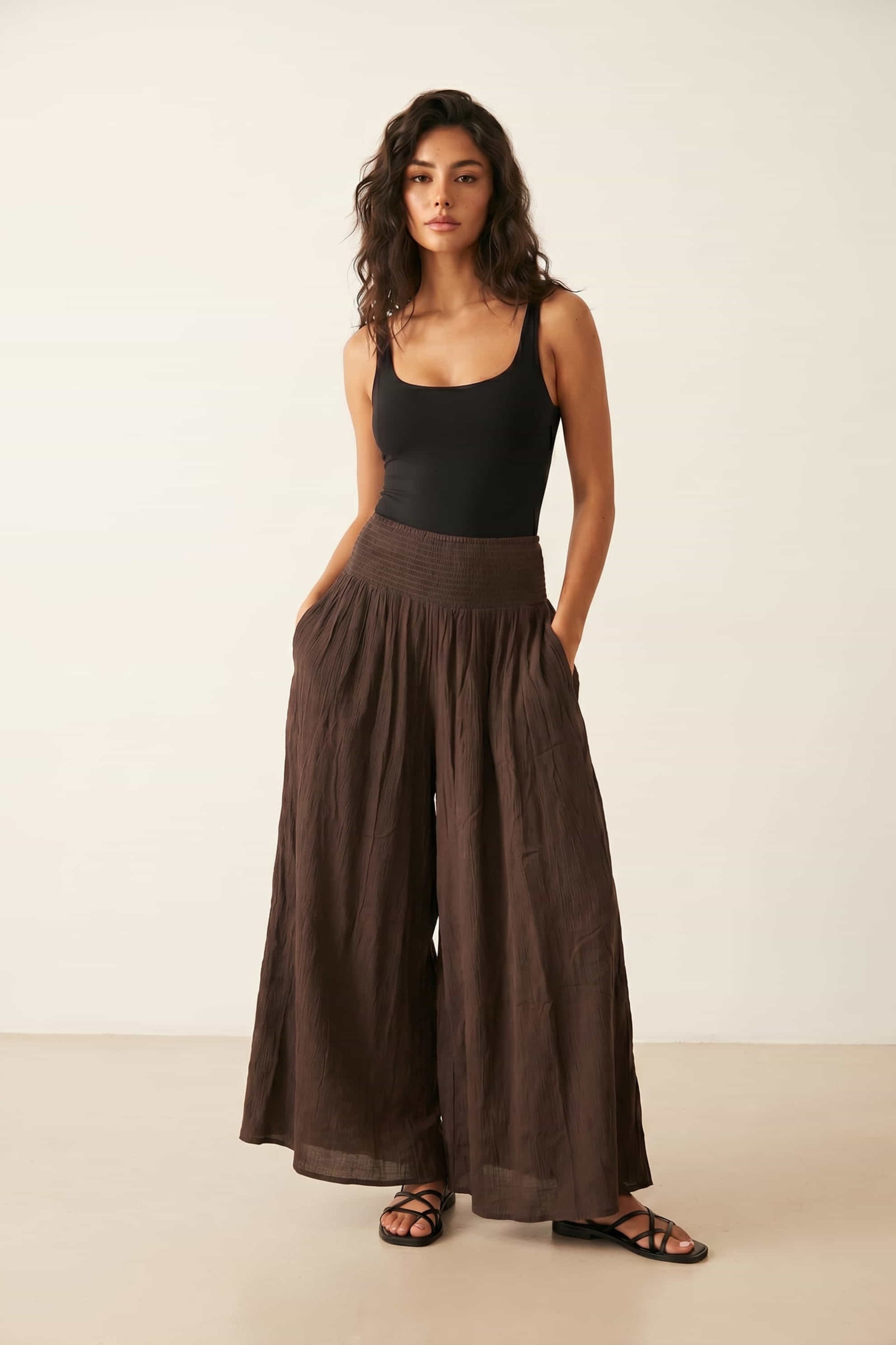 Brown Shirred Plain Trouser
