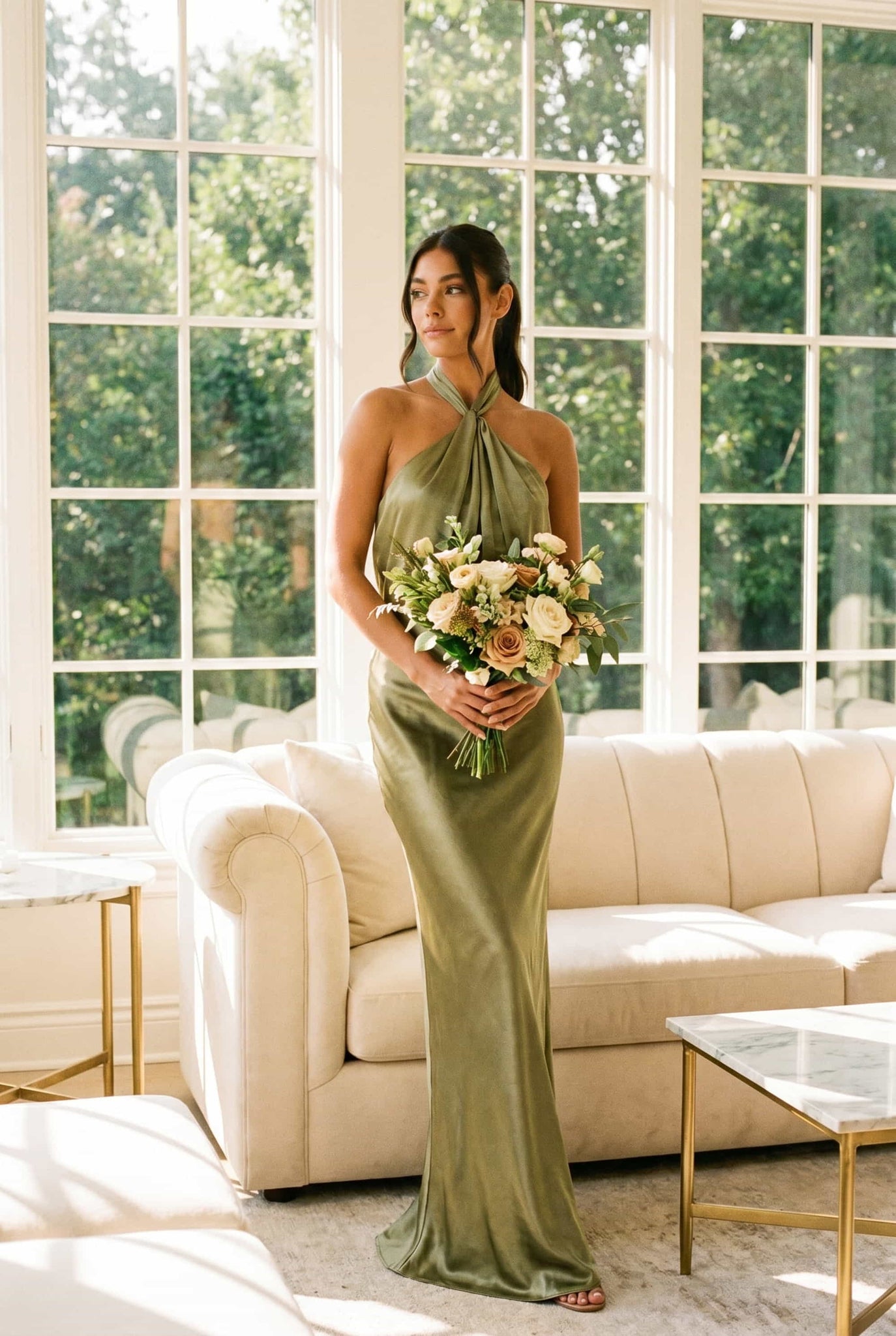 Twist Neck Satin Maxi Dress / Olive Green