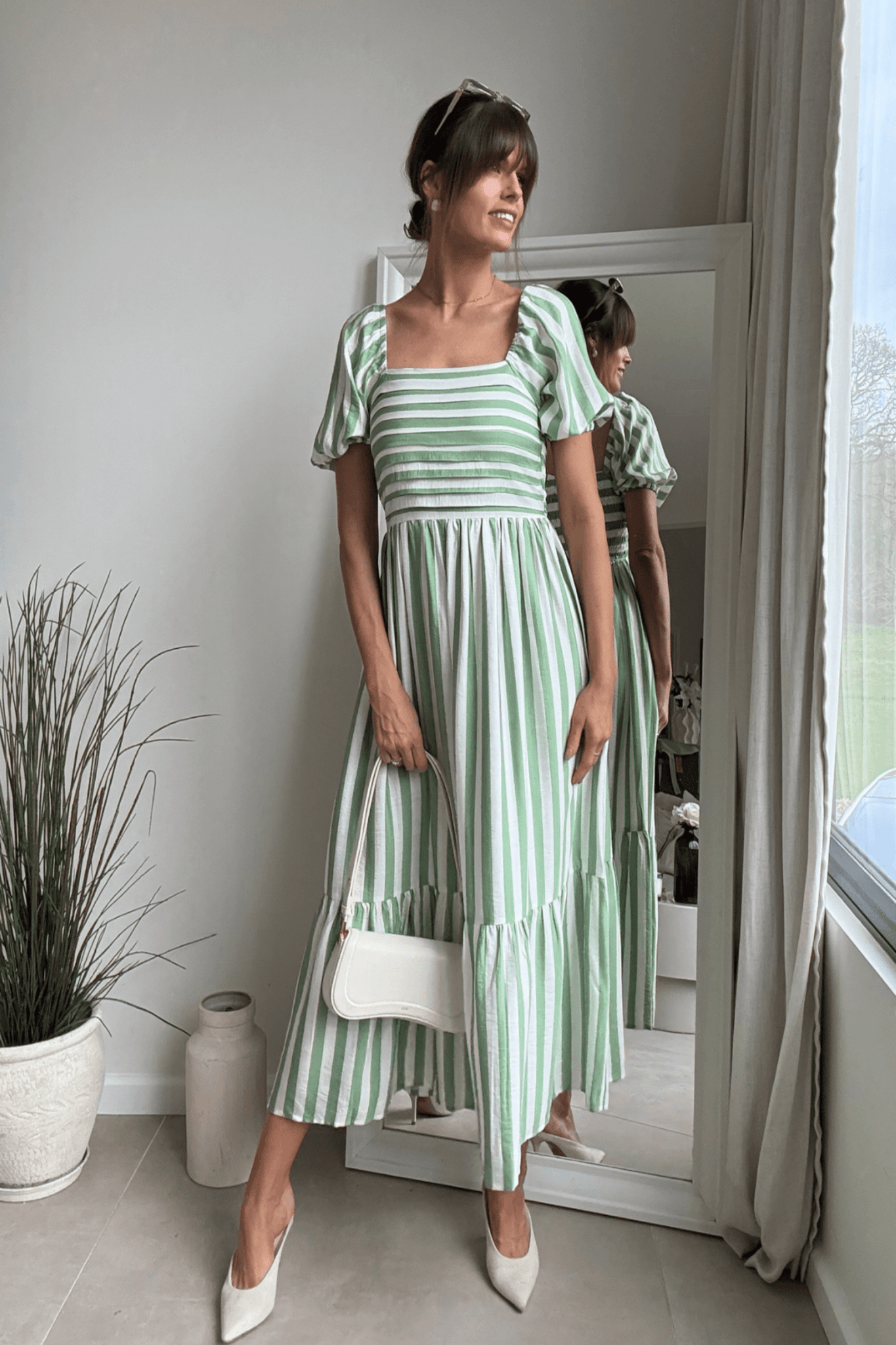 Leighton Puff Sleeve Midi Dress in Green Stripe - Style Cheat
